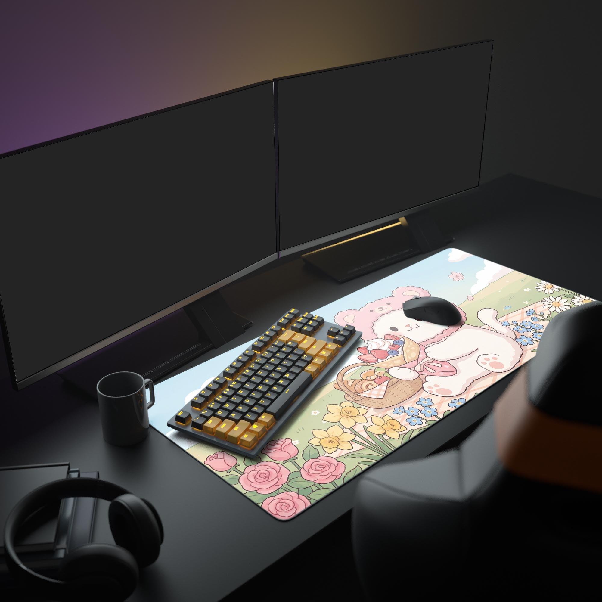 The Sweet Spring Picnic mouse pad enhances a cozy desk setup, shown with a computer monitor, gaming keyboard, and mouse, creating a lovely pastel aesthetic. - Epic Design Pads & Mousepads
