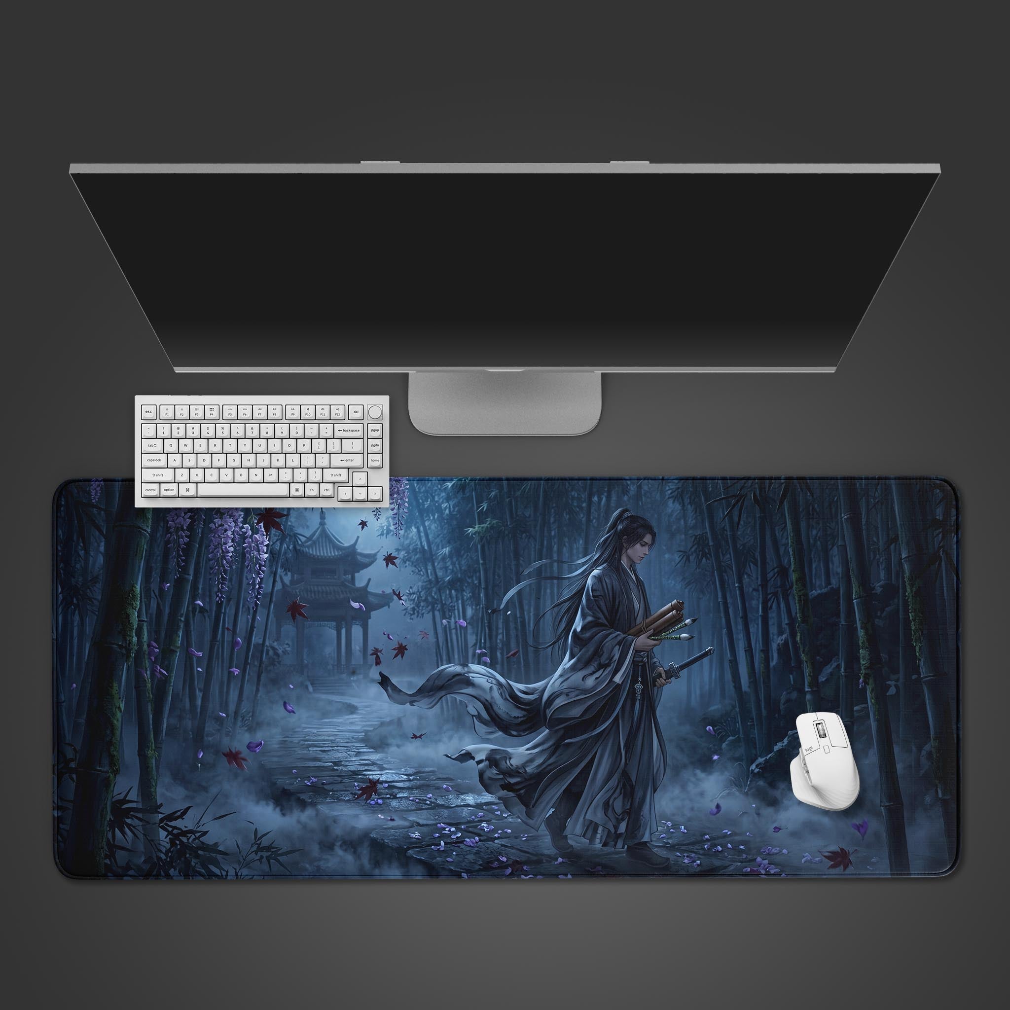 Shadow Swordsman walking through a misty bamboo forest on an XL desk mat