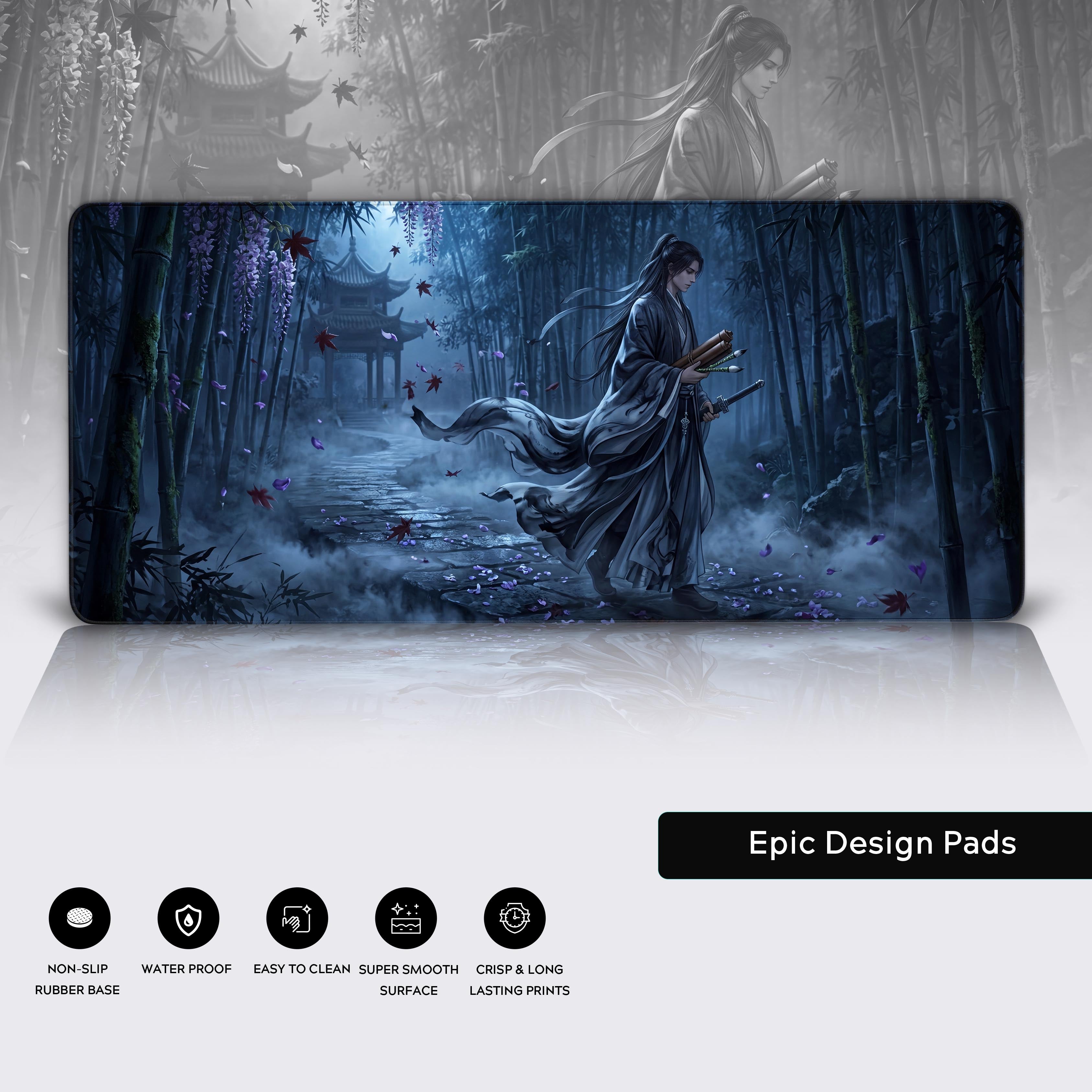 Full view of the dark fantasy Chinese traditional desk mat with falling petals