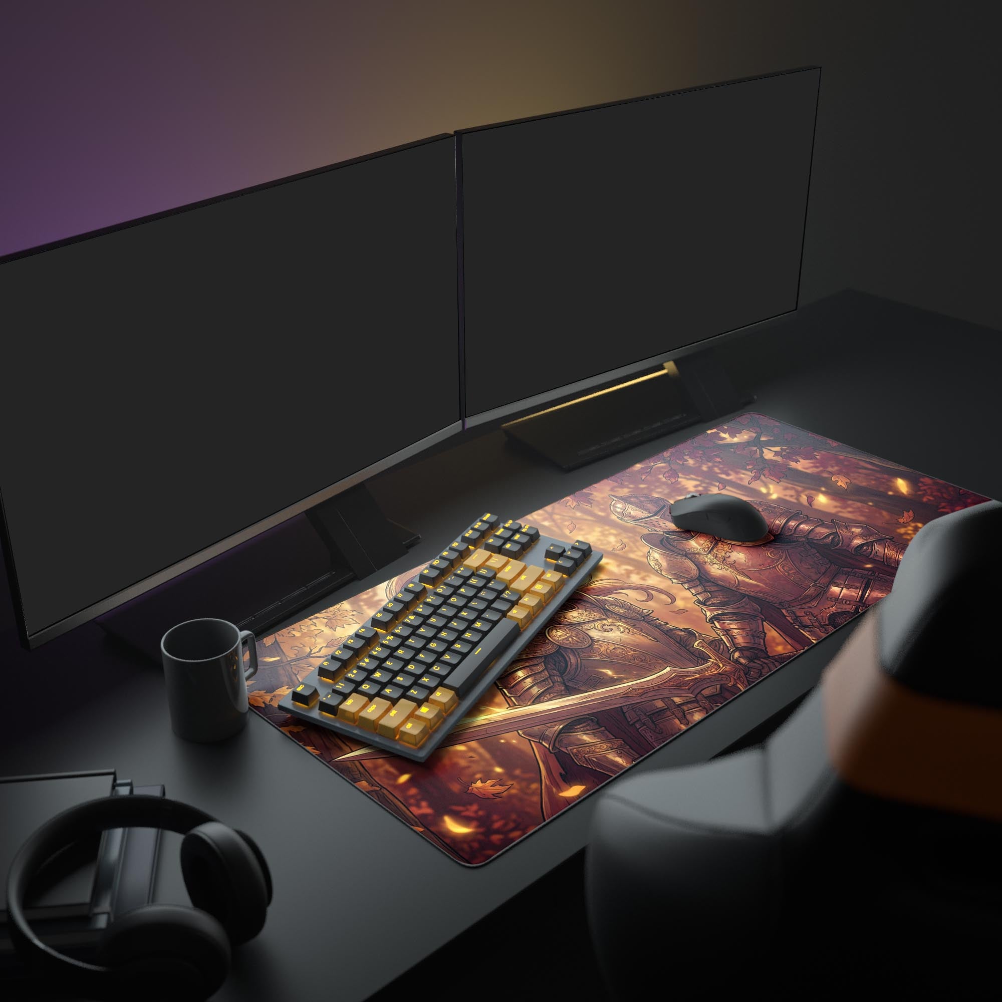 The Sworn Brotherhood XL mouse pad shown in a full PC gaming setup, providing an epic fantasy backdrop for a monitor and peripherals. - Epic Design Pads & Mousepads