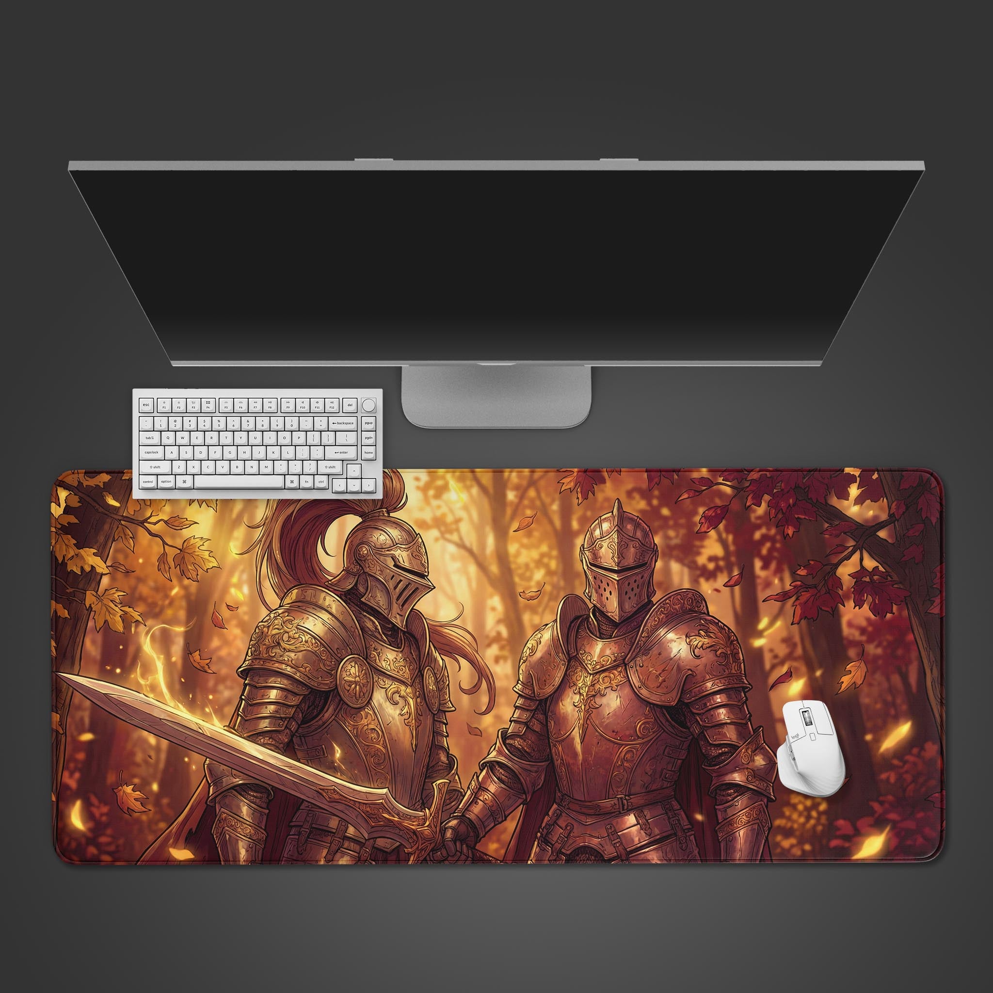 A top-down view of the Sworn Brotherhood gaming desk mat depicting two knights in golden armor, arranged on a desk with a monitor, white keyboard, and mouse. - Epic Design Pads & Mousepads