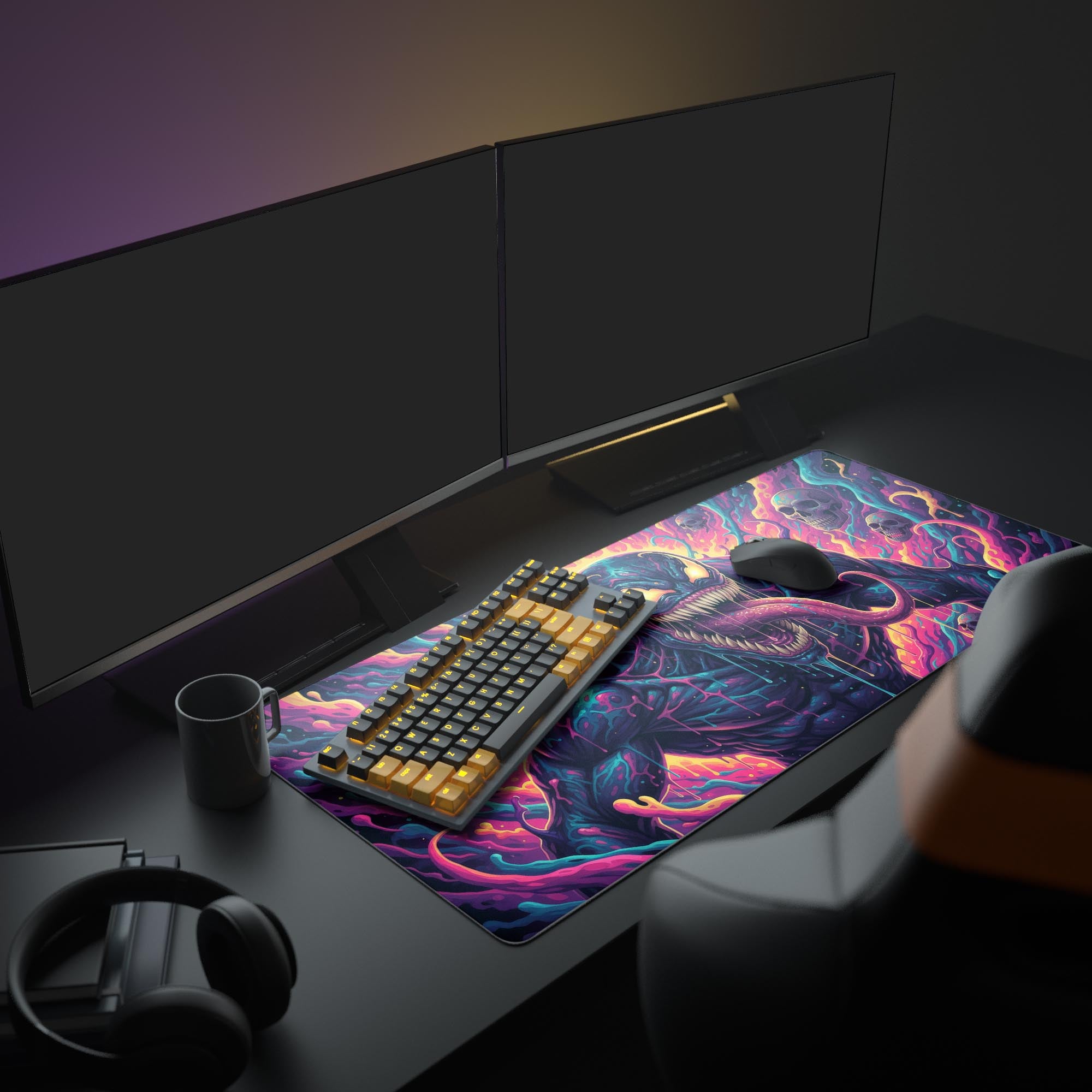 Large Venom gaming desk mat with neon comic art, featured in a gamer setup with dual monitors, headphones, and RGB lighting. - Epic Design Pads
