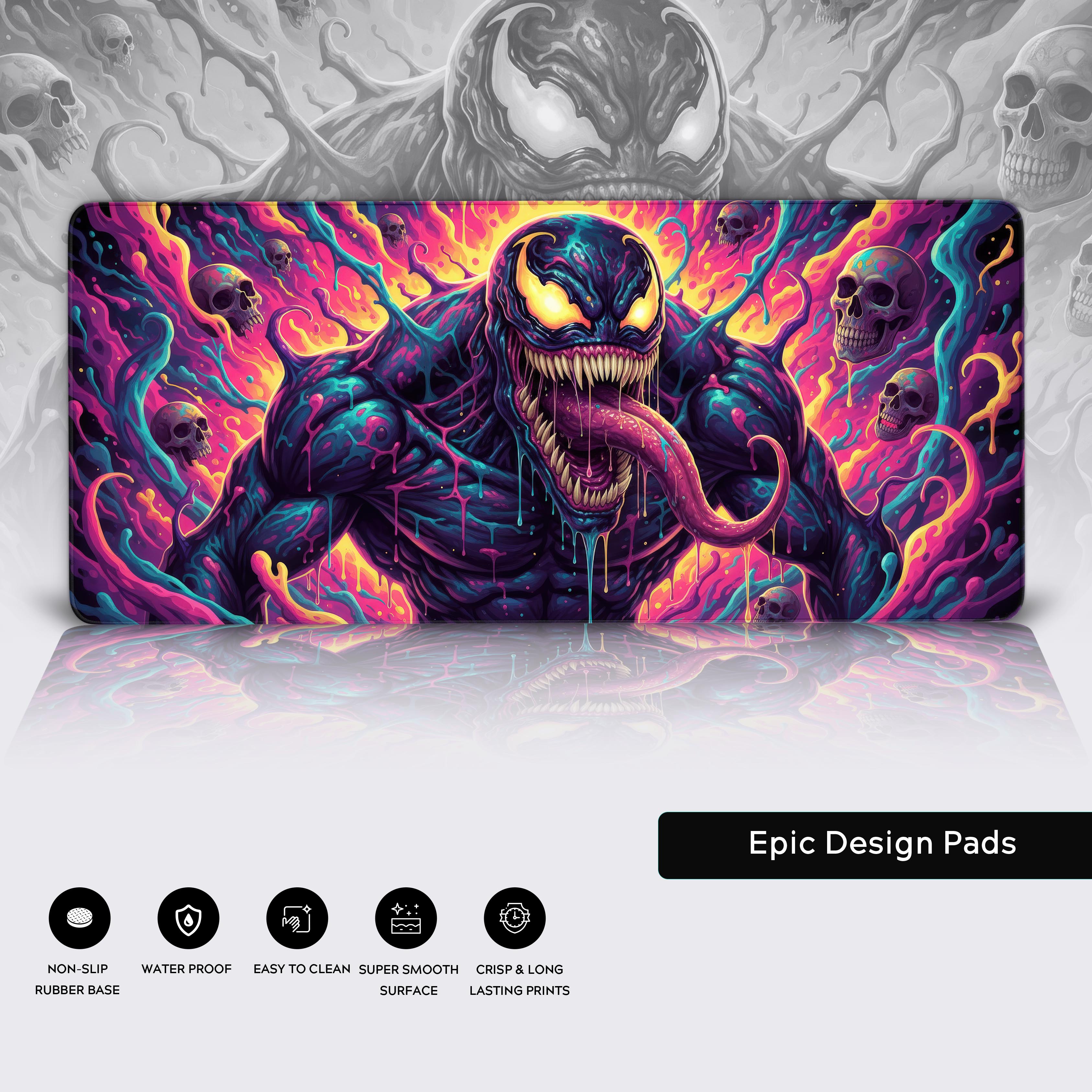 Close-up of the Symbiote Surge Venom desk mat showcasing its high-quality stitched edges, waterproof surface, and non-slip rubber base. - Epic Design Pads