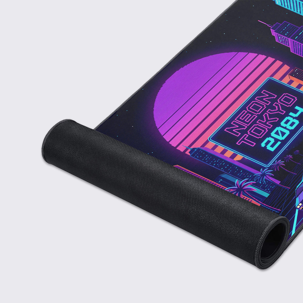 Close-up of the vibrant pink and purple neon sun setting behind futuristic city skyscrapers and palm trees.
