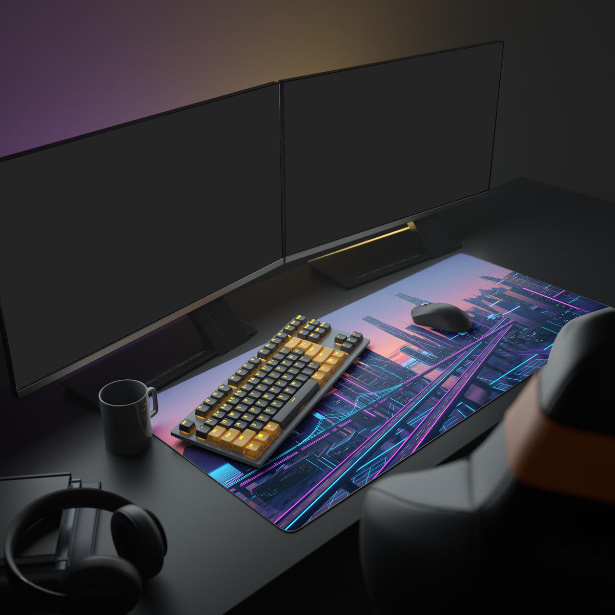 Neon city desk mat on a dark desk with two monitors, a black and yellow keyboard, mouse, mug and headphones nearby - Epic Design Pads & Mousepads