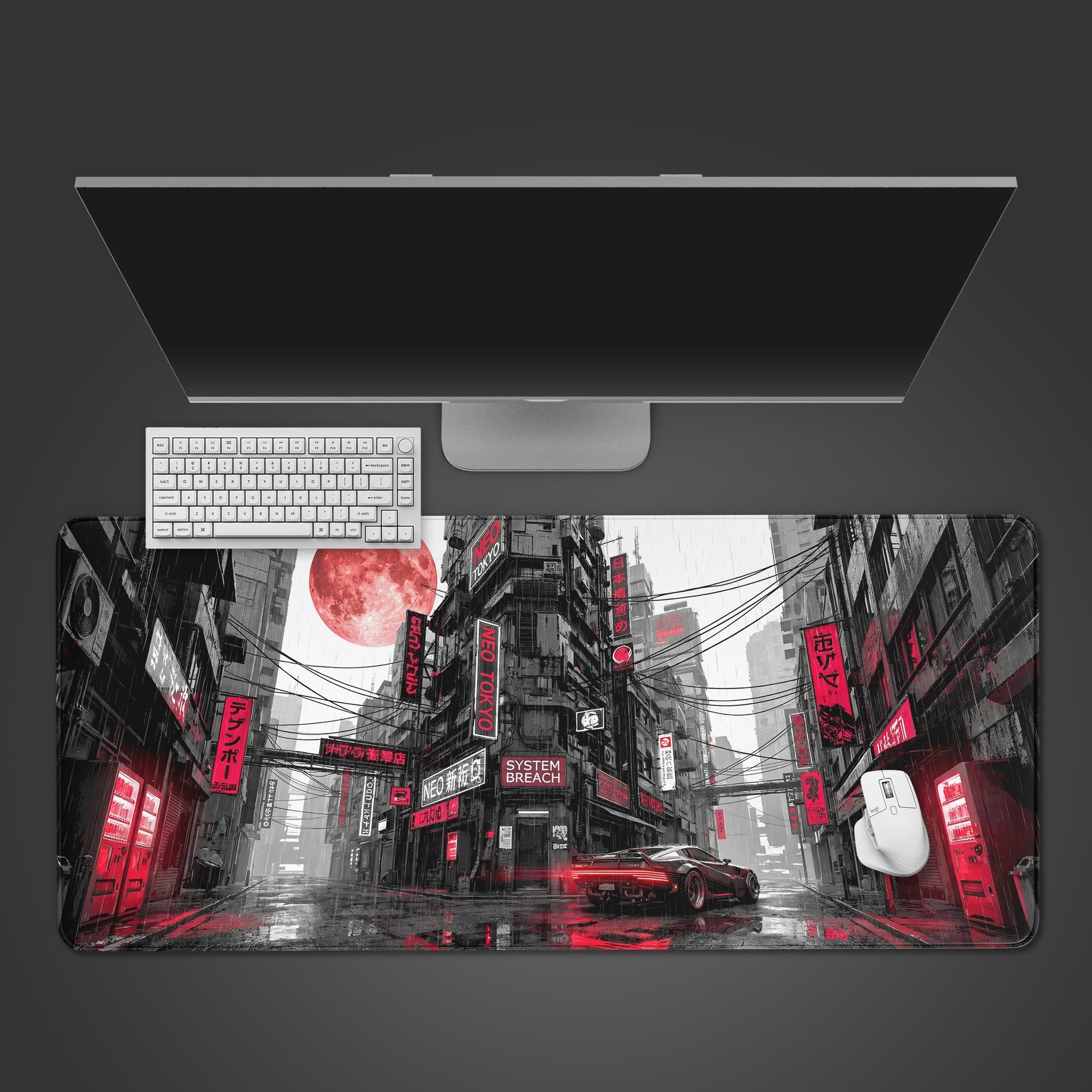 System Breach desk mat featuring a monochrome cyberpunk city and red moon, shown from a top-down view with a black keyboard and mouse. - Epic Design Pads & Mousepads