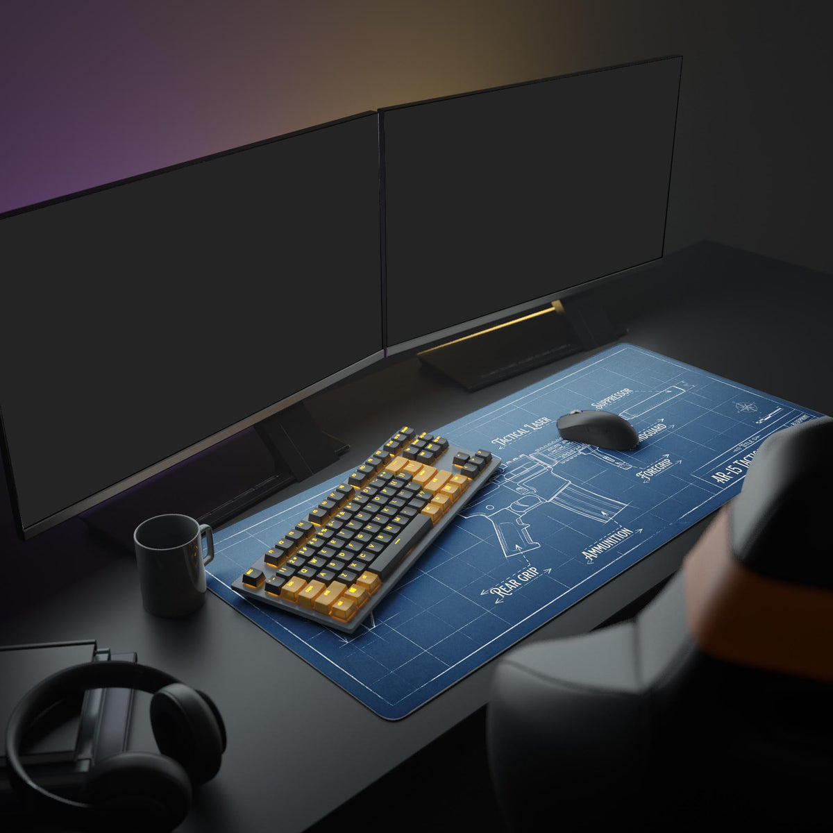 Large tactical blueprint desk mat in a modern tech setup. The rifle schematic design complements dual monitors, a mechanical keyboard, and headphones, creating a professional workspace. - Epic Design Pads & Mousepads