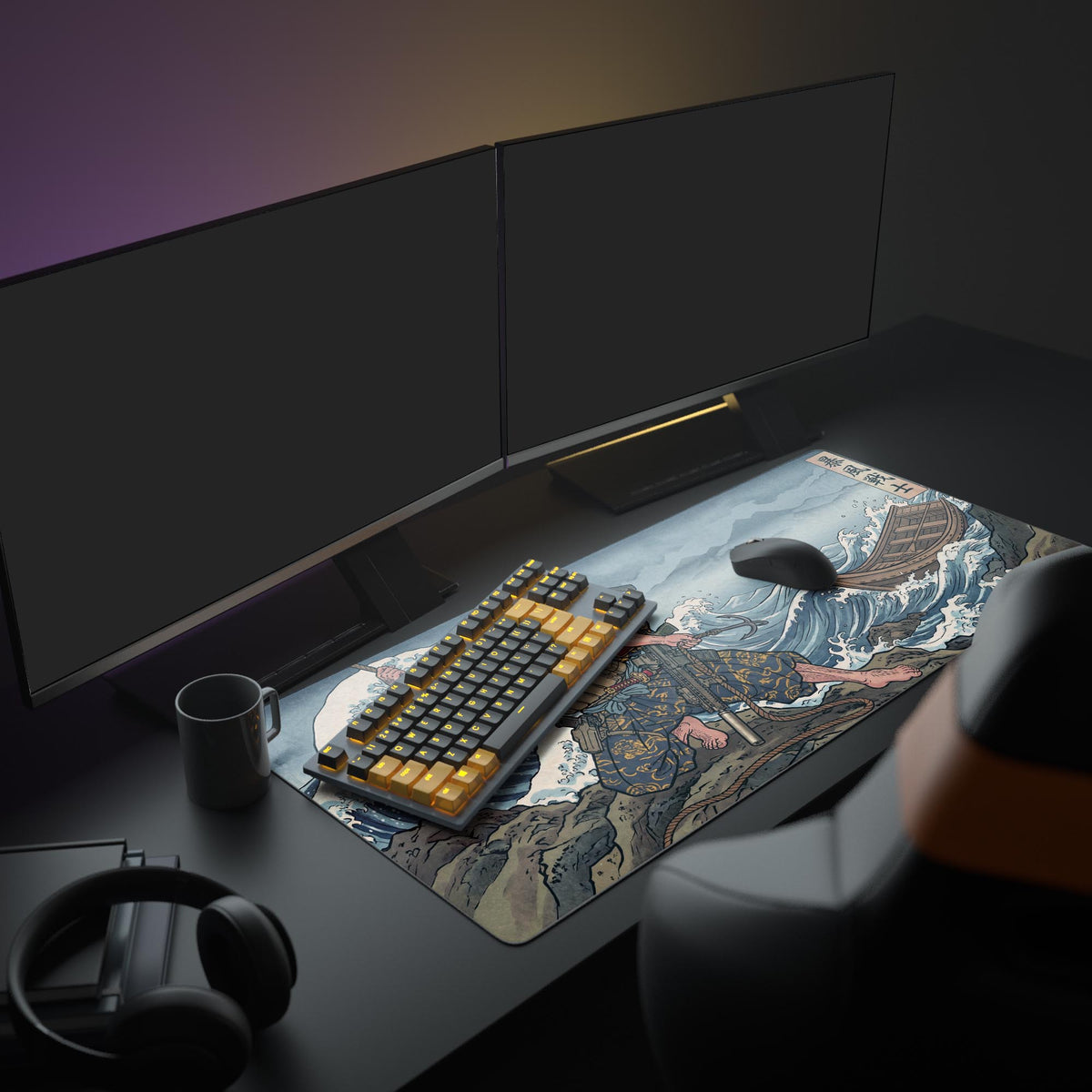 A full gaming setup showcasing the Tactical Wave XL mouse pad, which depicts a modern operator in a classic Japanese art style. - Epic Design Pads & Mousepads