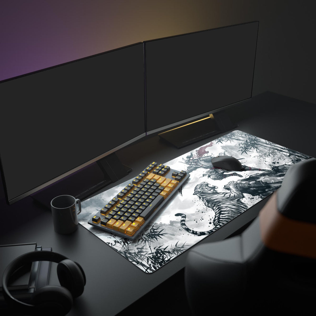 A complete PC setup featuring the Taming Chaos Japanese art gaming desk mat, enhancing the aesthetic of multiple monitors, a keyboard, and a mouse. - Epic Design Pads & Mousepads