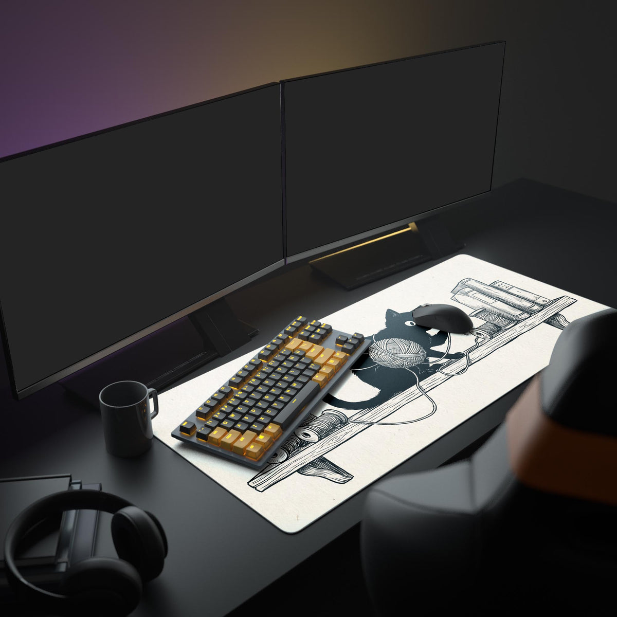 A complete workspace setup showcasing the Tangled Whimsy cat mouse pad, complementing a monitor, keyboard, and other Dark Academia themed accessories. - Epic Design Pads & Mousepads