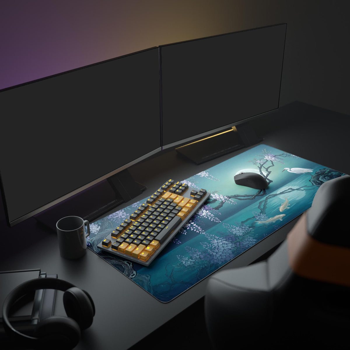 The mat on a dark desk with two monitors, a black and amber keyboard, mug and headphones; wisteria, moon, egret and carp.