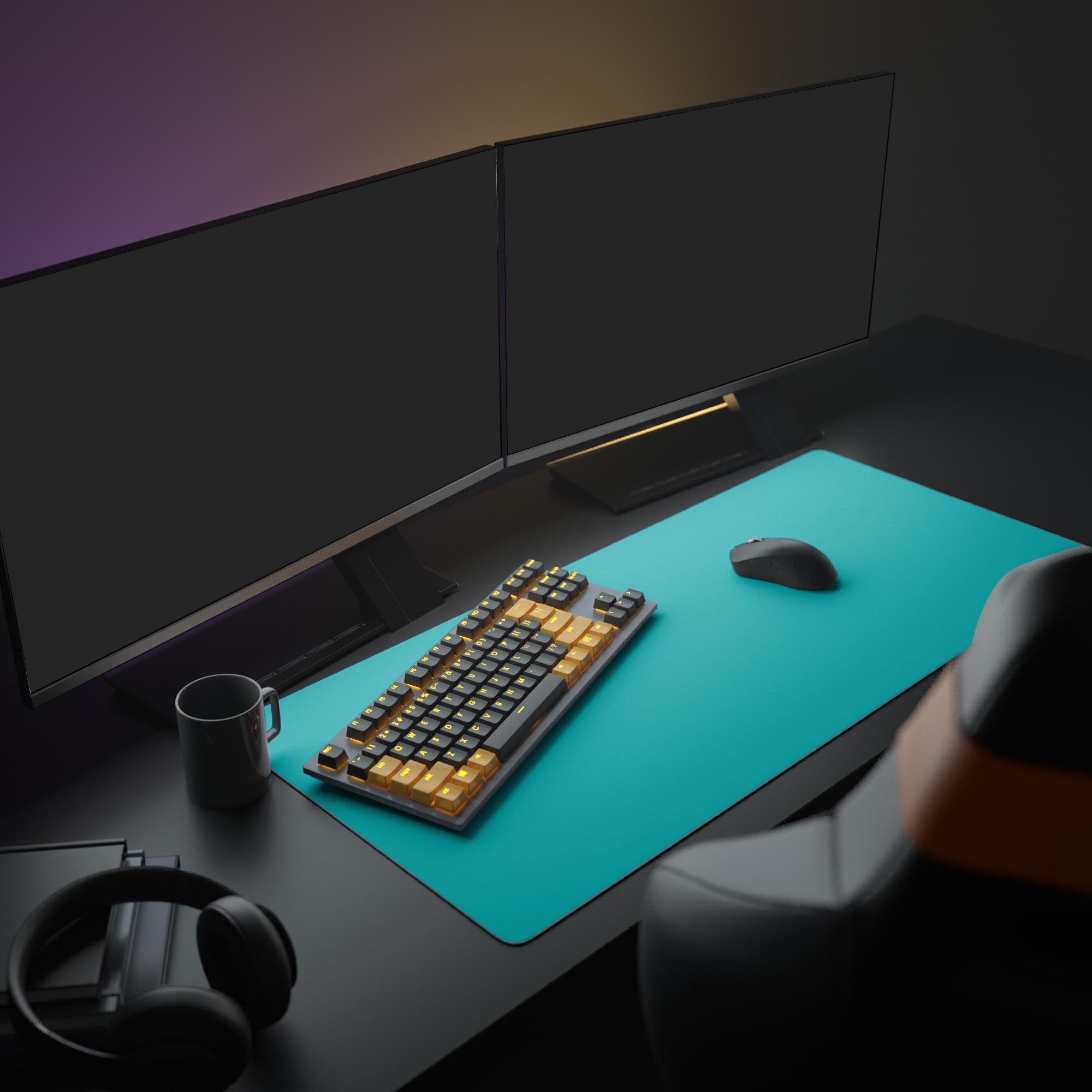 The Teal Focus XL mouse pad enhances a modern computer setup, providing ample space for a gaming keyboard, mouse, and monitors. - Epic Design Pads & Mousepads