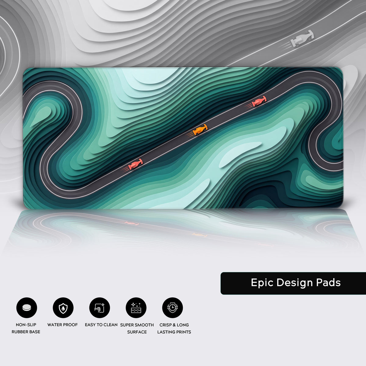 Features panel with the teal topographic race track mat over a faded grey copy of its art and five feature icons below