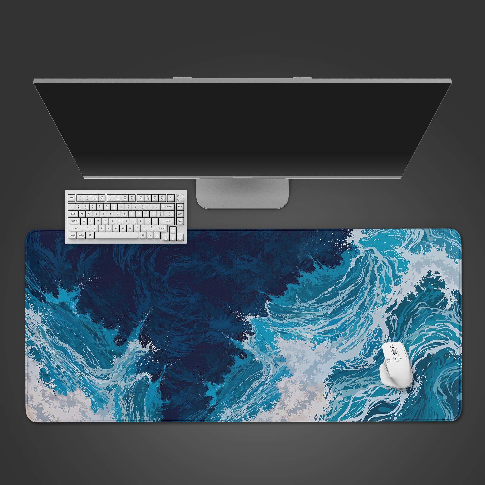 Tempest Waves abstract blue ocean desk mat laid flat