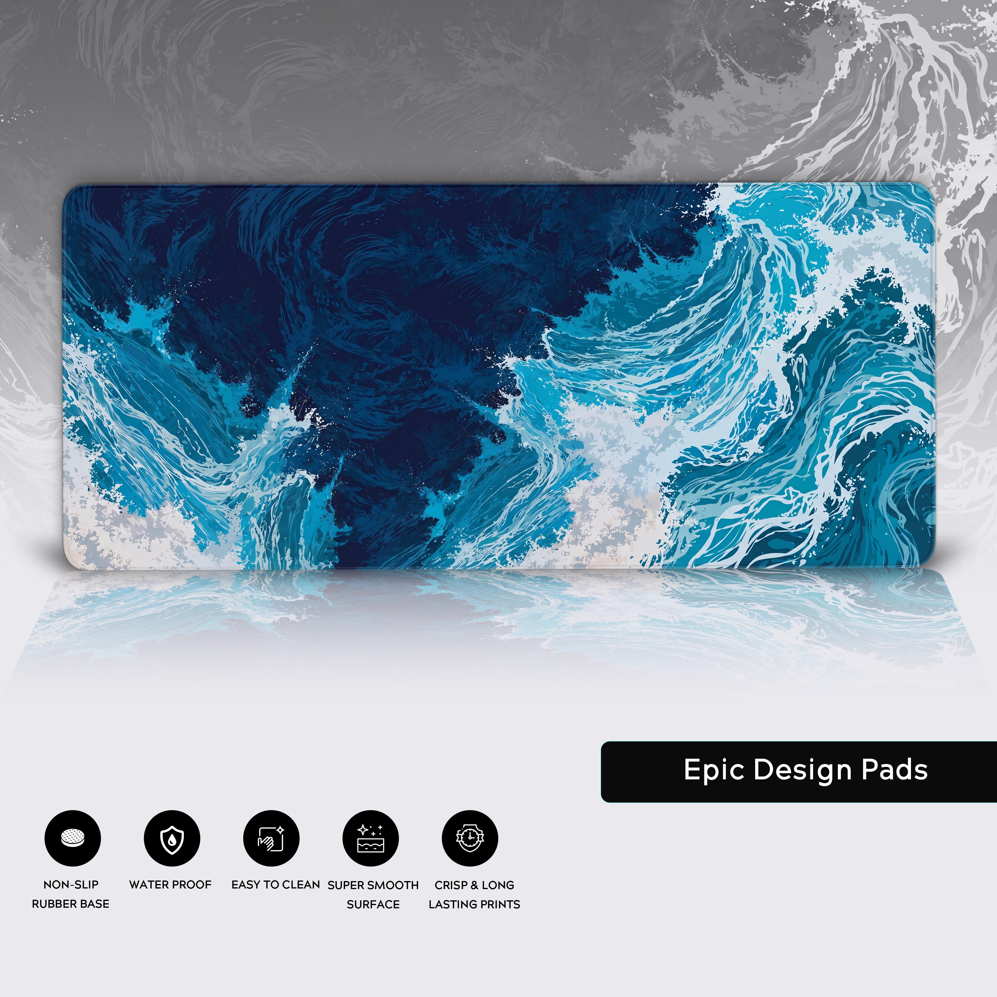 Lifestyle view of the Tempest Waves gaming mouse pad in a modern aesthetic workspace