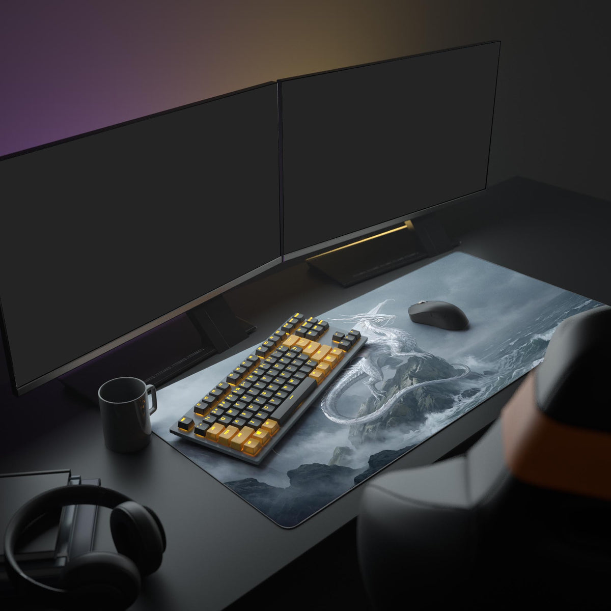 A clean gaming setup featuring the Tempest Wyrm dragon mouse pad under a monitor, enhancing the dark fantasy aesthetic of the workspace. - Epic Design Pads & Mousepads