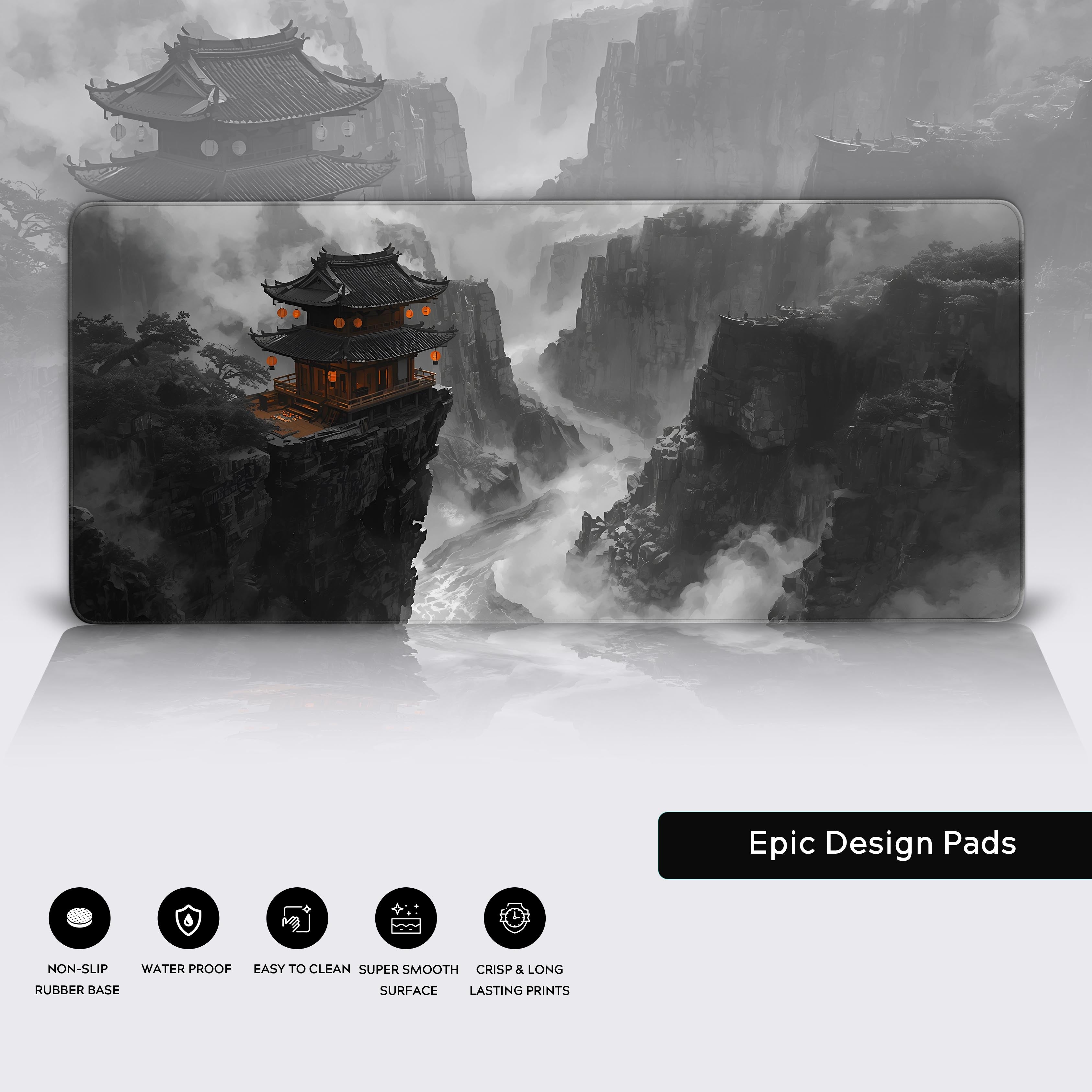 Detailed product view highlighting the ultra-smooth surface, non-slip base, and crisp print quality of the mountain temple desk mat.
