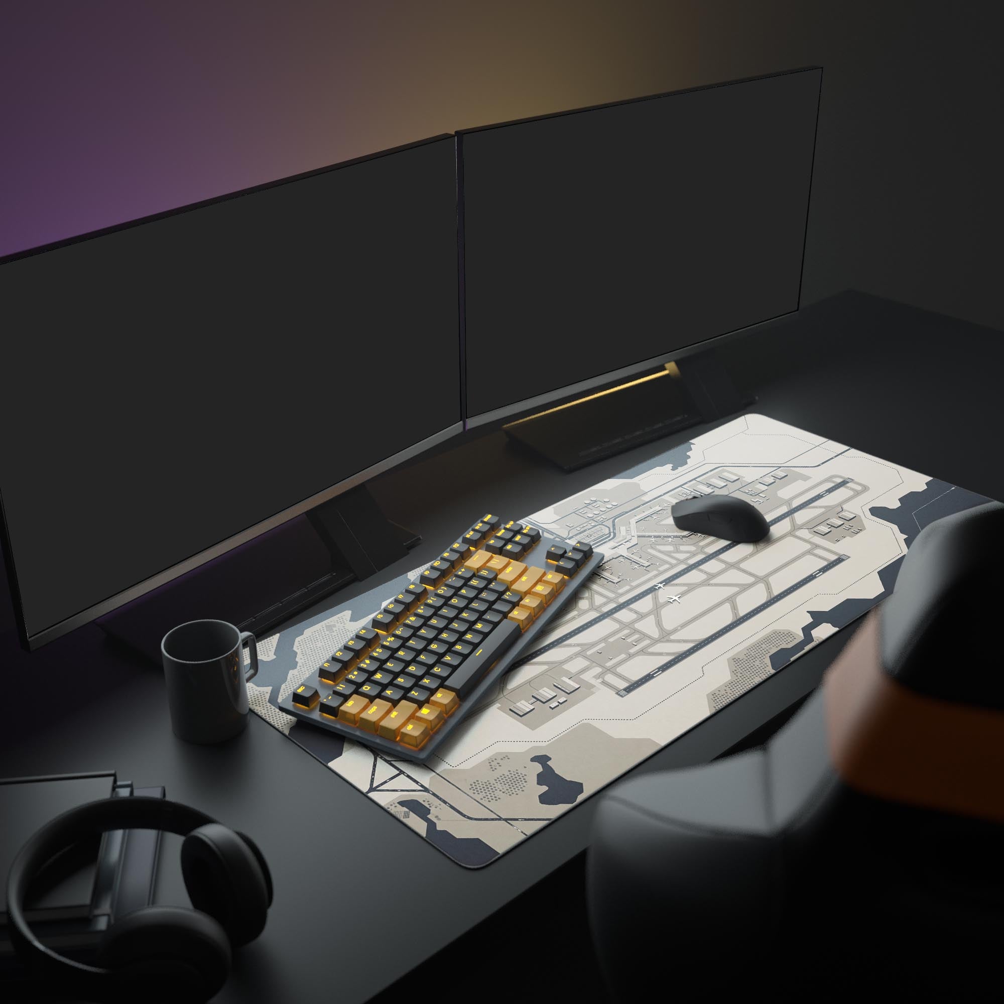 A minimalist PC setup featuring the Terminal Blueprint airport map mouse pad. The extended mat provides ample space for a gaming keyboard and mouse, creating a clean, organized workspace. - Epic Design Pads & Mousepads