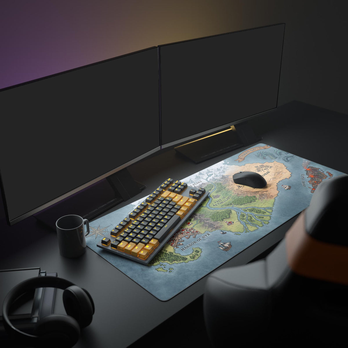 The Terra Nova Map XL mouse pad enhances a full gaming setup, providing ample space for a mechanical keyboard and mouse under multiple monitors. - Epic Design Pads & Mousepads
