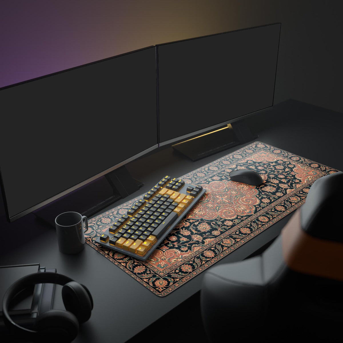 Large Terracotta Persian rug desk mat in a dark academia office setup with a vintage lamp, books, and a mechanical keyboard. - Epic Design Pads & Mousepads