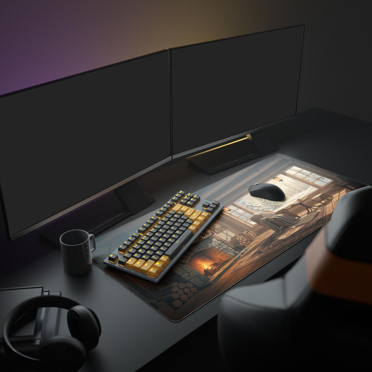 The Cozy Retreat desk mat in a home office setup – featuring warm cabin scene, computer monitor, keyboard, and planner. - Epic Design Pads