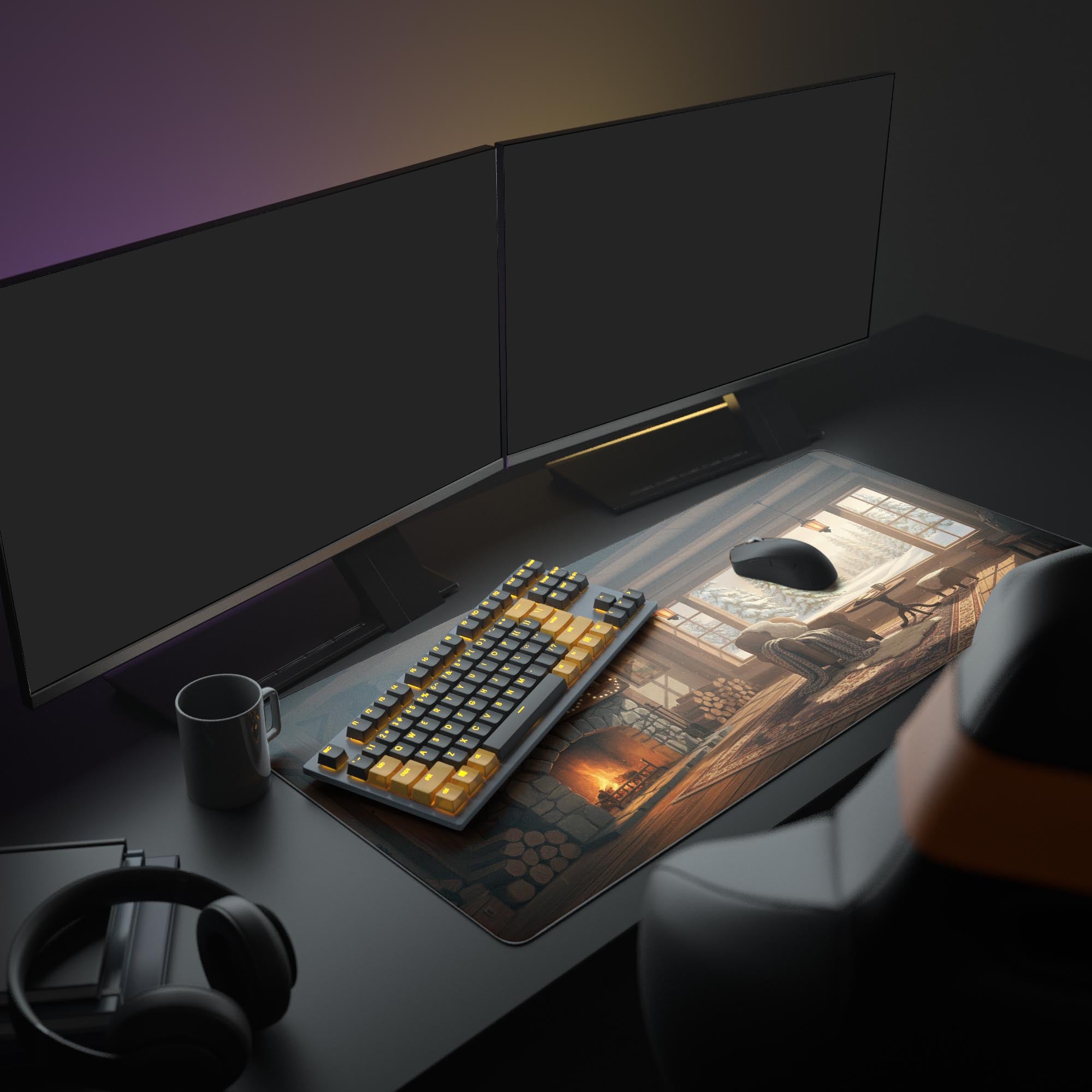 The Cozy Retreat desk mat in a home office setup – featuring warm cabin scene, computer monitor, keyboard, and planner. - Epic Design Pads