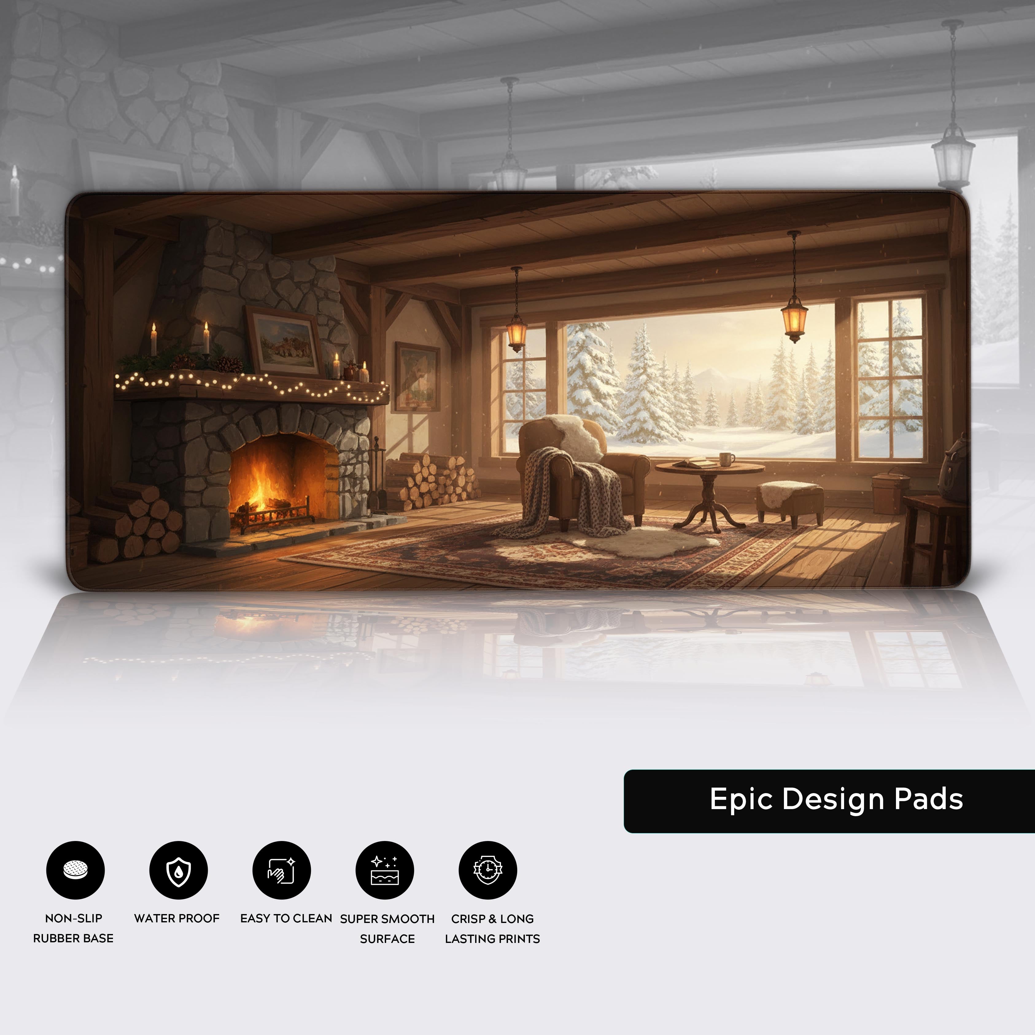 Rustic cabin desk mat with winter aesthetic – hygge mouse pad featuring non-slip base and soft texture for comfort. - Epic Design Pads