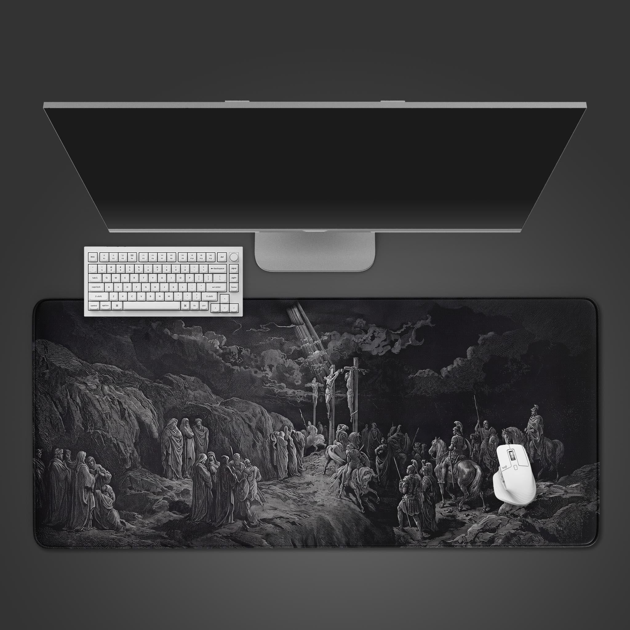 The Crucifixion classic fine art engraving desk mat with a dark dramatic aesthetic