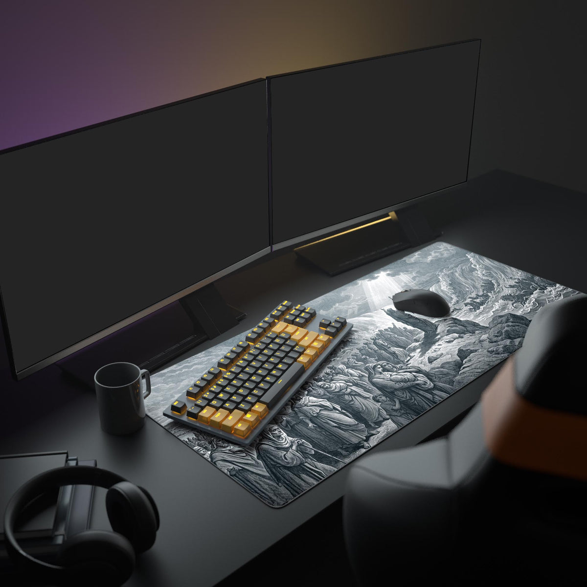 A complete computer setup featuring The Great Divide XL mouse pad, showcasing the epic Moses parting the sea design under a monitor, keyboard, and mouse. - Epic Design Pads & Mousepads