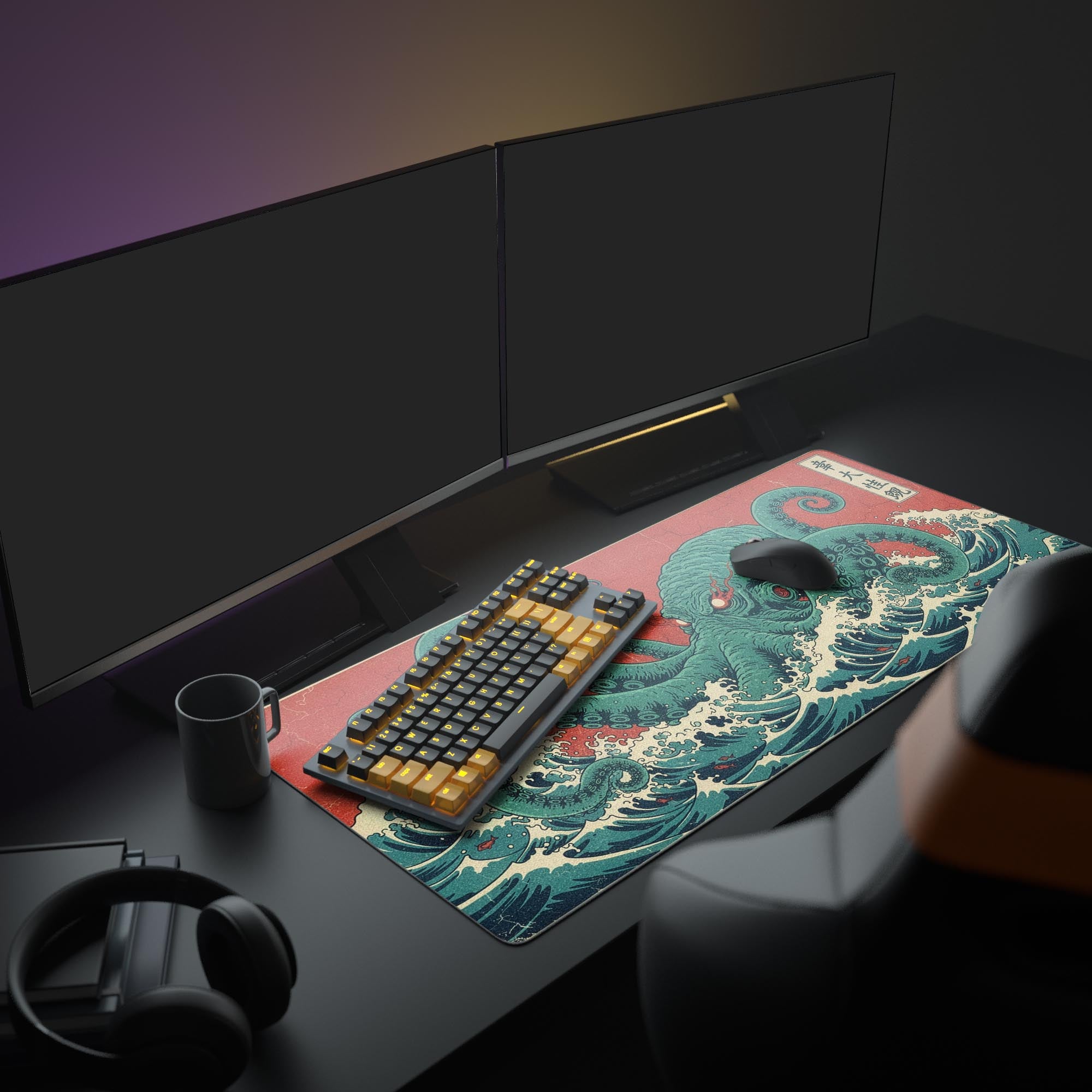 Large gaming desk mat with The Great Kraken design, shown in an aesthetic desk setup with dual monitors, a mechanical keyboard, and headphones. - Epic Design Pads & Mousepads