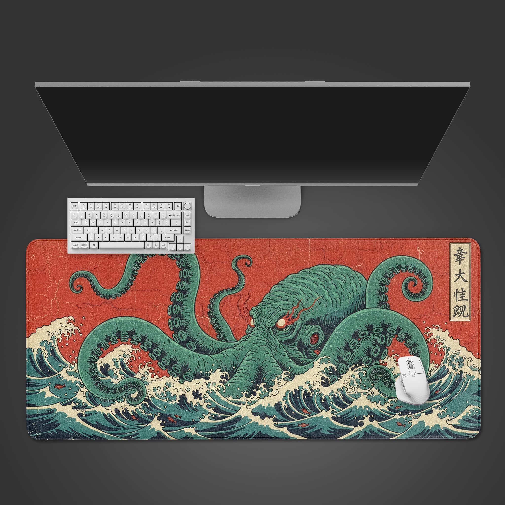 Japanese desk mat featuring The Great Kraken octopus in Ukiyo-e style. Top-down desktop view with a black keyboard and mouse. - Epic Design Pads & Mousepads