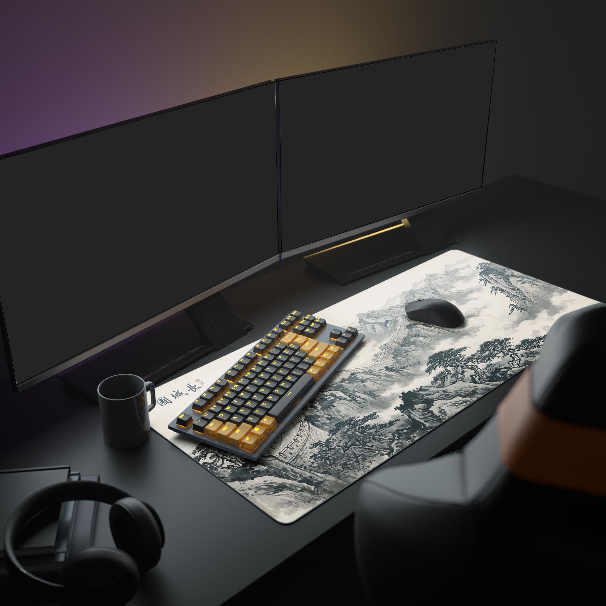 A complete minimalist PC setup featuring The Great Wall Chinese art gaming desk mat, creating a calm and focused workspace with dual monitors. - Epic Design Pads & Mousepads