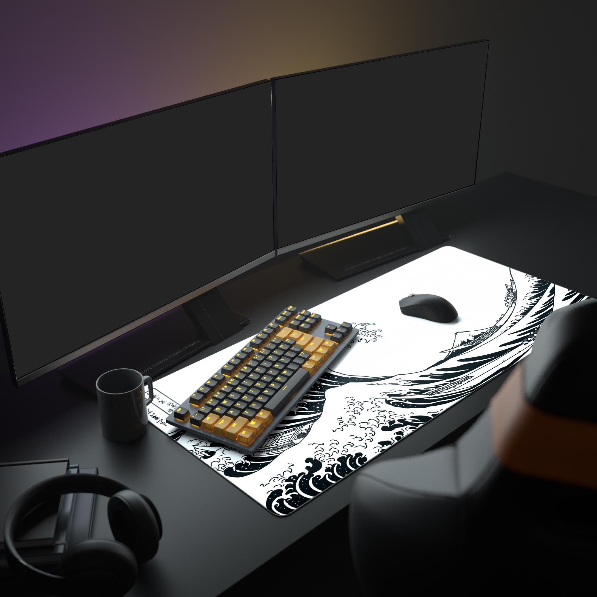 A clean, minimalist PC setup featuring The Great Wave gaming desk mat, a large monitor, and a white keyboard, creating a bright and focused workspace. - Epic Design Pads & Mousepads