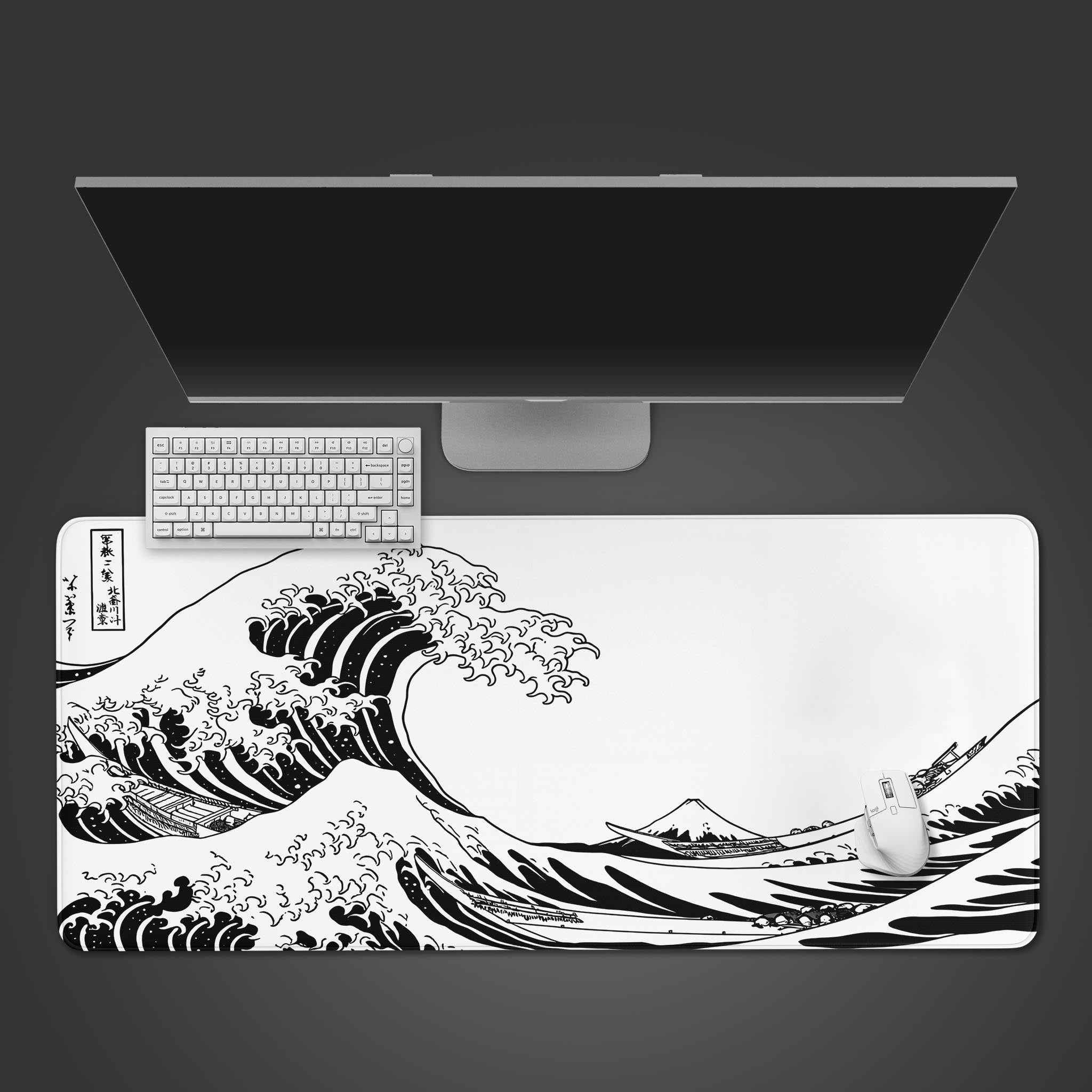 Top-down view of 'The Great Wave - White' gaming desk mat, featuring a monochrome Japanese art design with a white keyboard and mouse on a dark surface. - Epic Design Pads & Mousepads