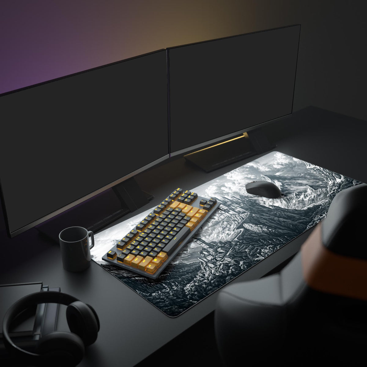 A complete minimalist PC setup featuring 'The High Keep' XL mouse pad. The dark fantasy castle design complements the glowing keyboard, multiple monitors, and gaming mouse. - Epic Design Pads & Mousepads