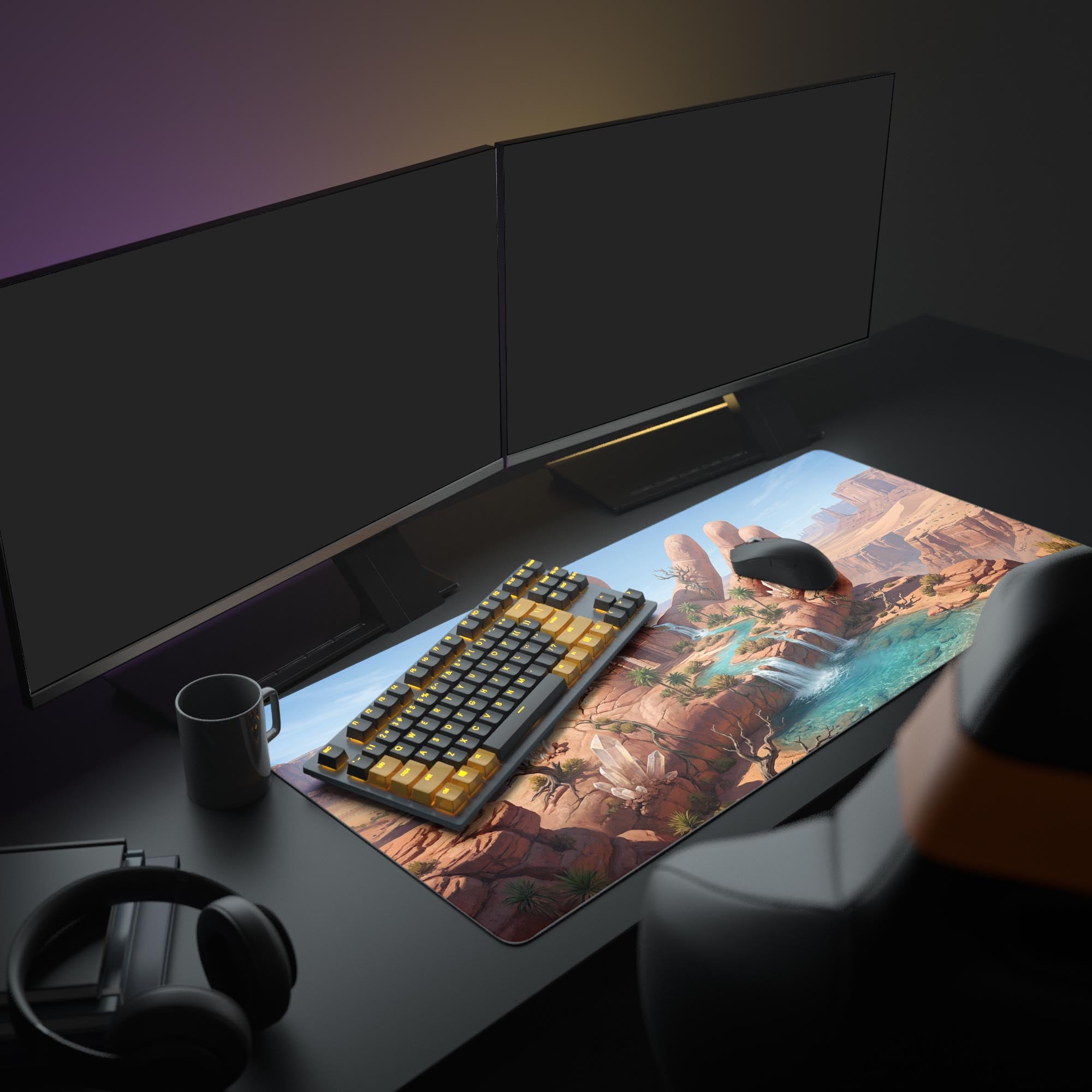 The 'Keeper's Palm' fantasy landscape mouse pad enhances a gaming setup, providing ample space for a keyboard and mouse under a large monitor, creating an immersive workspace. - Epic Design Pads & Mousepads