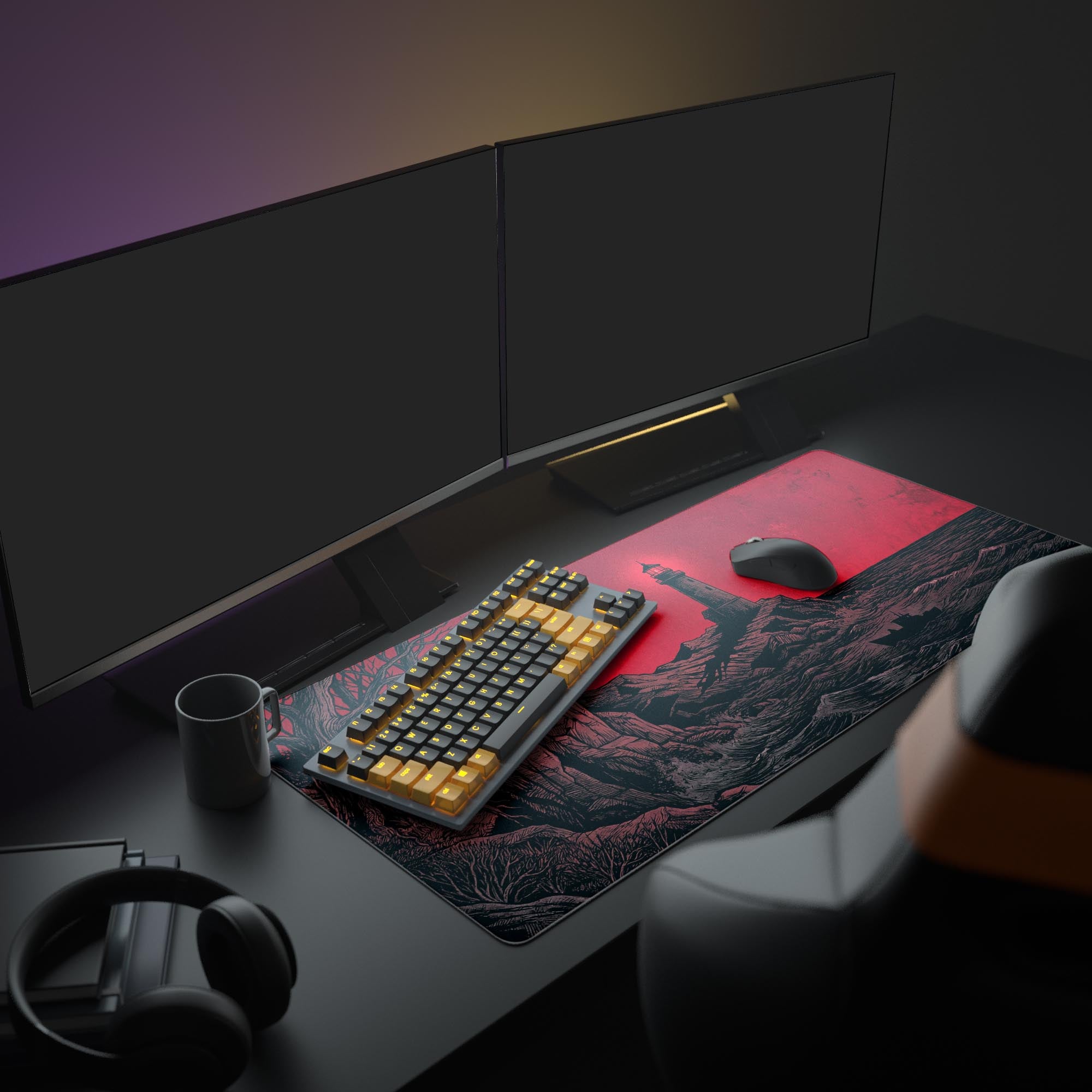 A full PC setup featuring The Night Watch mouse pad, its dramatic stormy sea artwork anchoring a clean desk with a large monitor. - Epic Design Pads & Mousepads