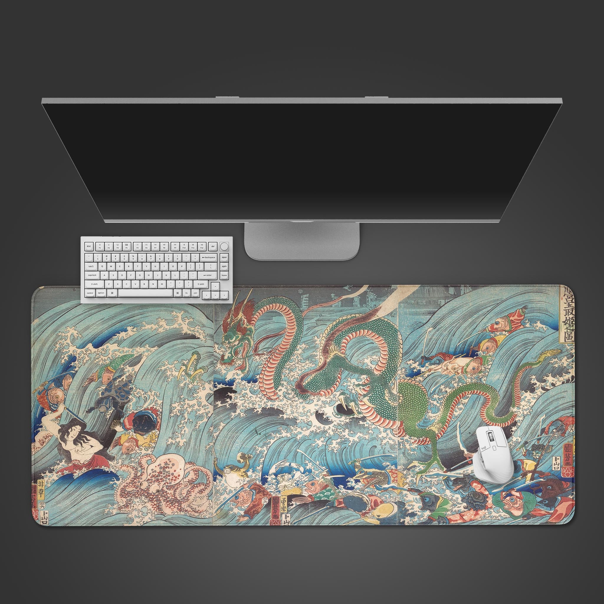 Japanese art desk mat displaying Kuniyoshi's 'Palace of the Dragon King' sea battle. Top-down view of the chaotic scene with a black keyboard and mouse. - Epic Design Pads & Mousepads