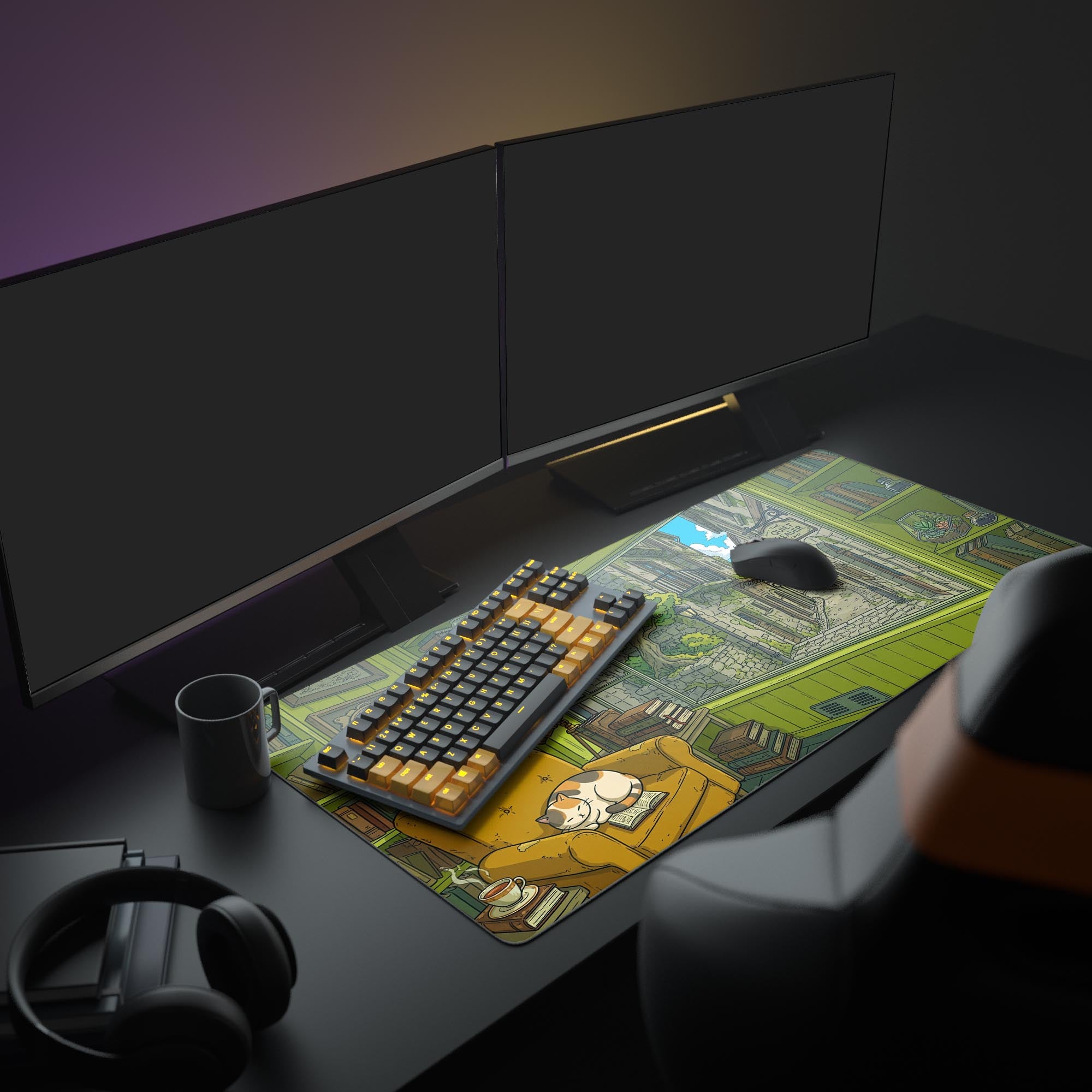 A cozy Light Academia desk setup featuring 'The Quiet Reader' mouse pad beneath a monitor, creating a warm, inviting workspace for gaming and studying. - Epic Design Pads & Mousepads