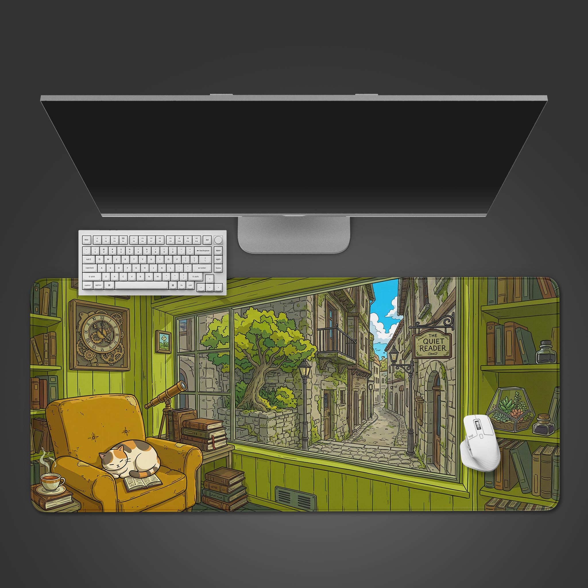 Top-down view of The Quiet Reader gaming desk mat, featuring a cozy library illustration, with a white keyboard and mouse neatly arranged on top. - Epic Design Pads & Mousepads