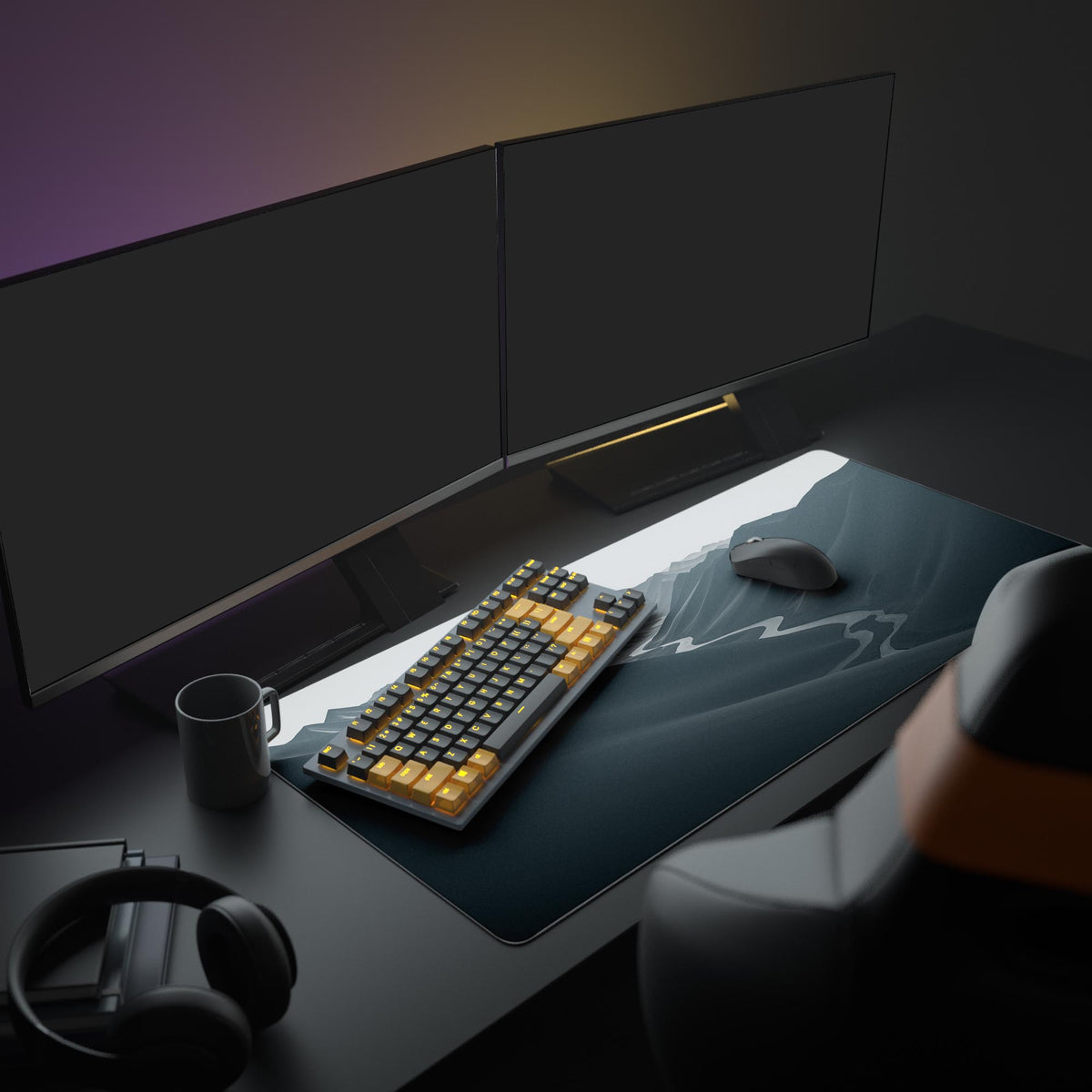 Large River Path mouse pad featured in a clean, modern desk setup with dual monitors, headphones, and a mechanical keyboard. - Epic Design Pads