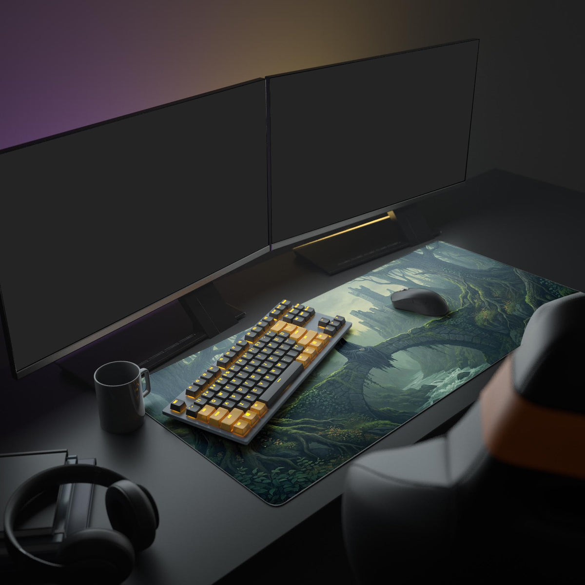 A moody PC setup featuring The Silent Keeper dark fantasy mouse pad under a glowing monitor, keyboard, and mouse. - Epic Design Pads & Mousepads
