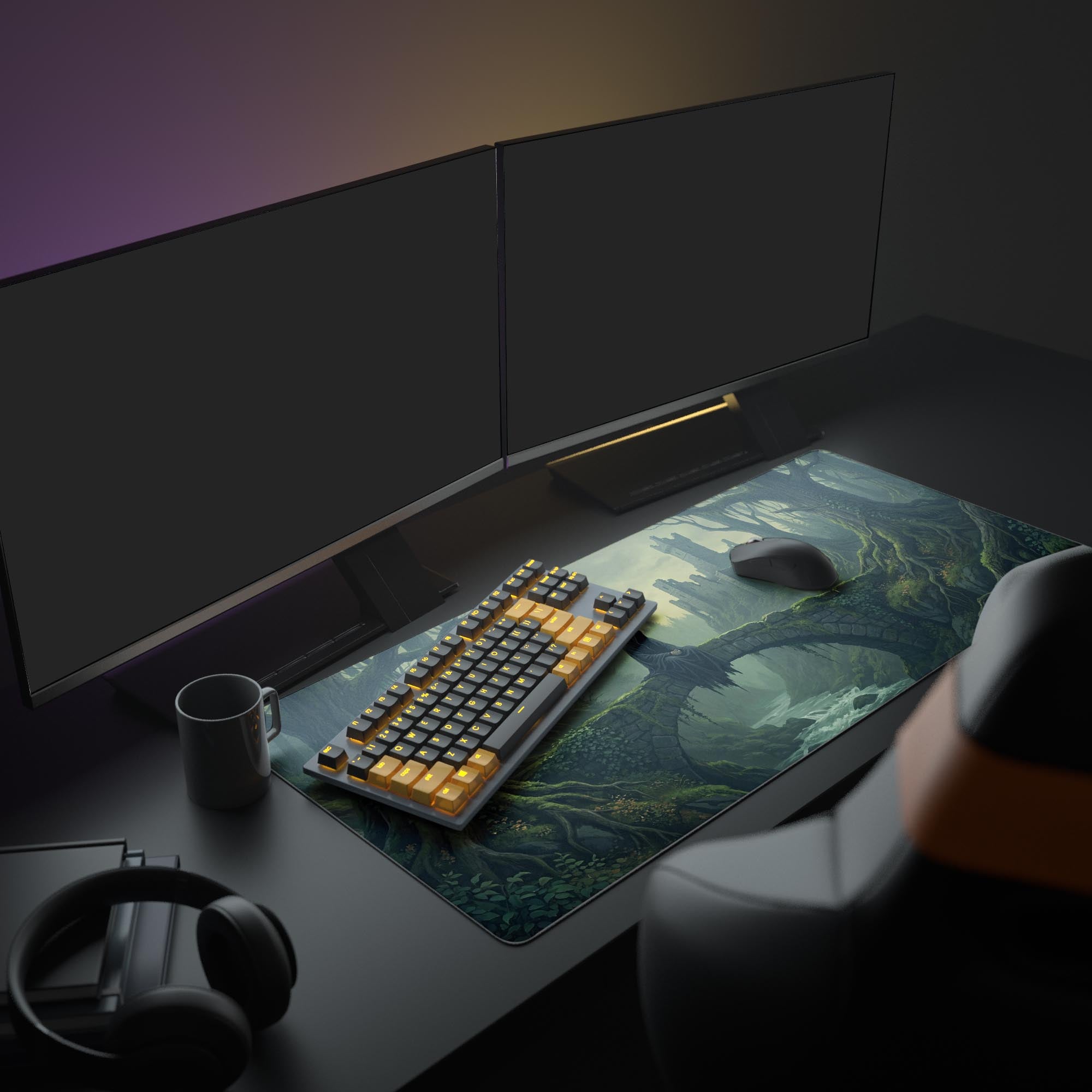 A moody PC setup featuring The Silent Keeper dark fantasy mouse pad under a glowing monitor, keyboard, and mouse. - Epic Design Pads & Mousepads