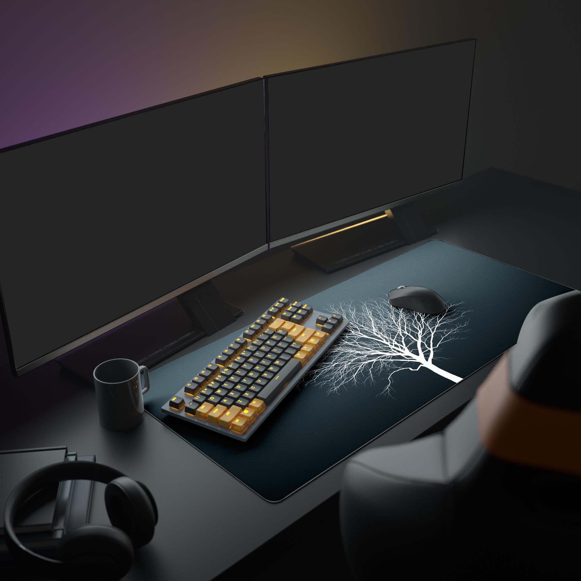 Large minimalist desk mat featuring The White Tree art – shown in a modern desk setup with dual monitors and headphones. - Epic Design Pads