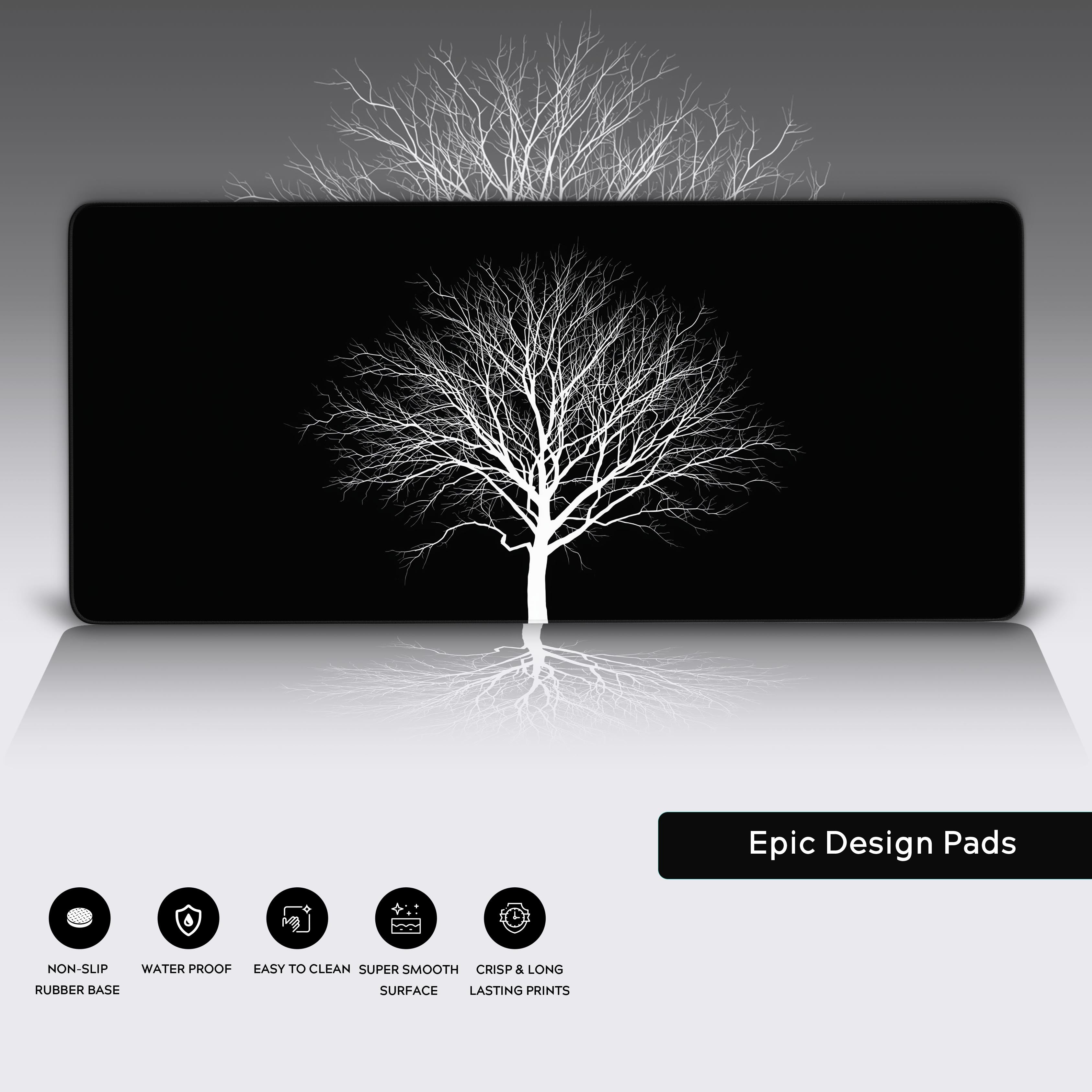The White Tree minimalist desk mat – large mouse pad showcasing durable stitched edges and a non-slip rubber base for stability. - Epic Design Pads