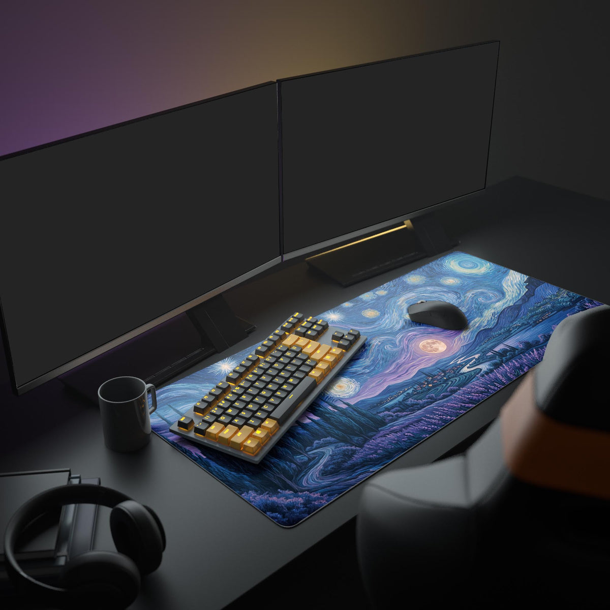A full PC setup featuring the artistic Midnight Lavender gaming desk mat, which adds a vibrant, creative touch to the workspace with its swirling blue and purple design.