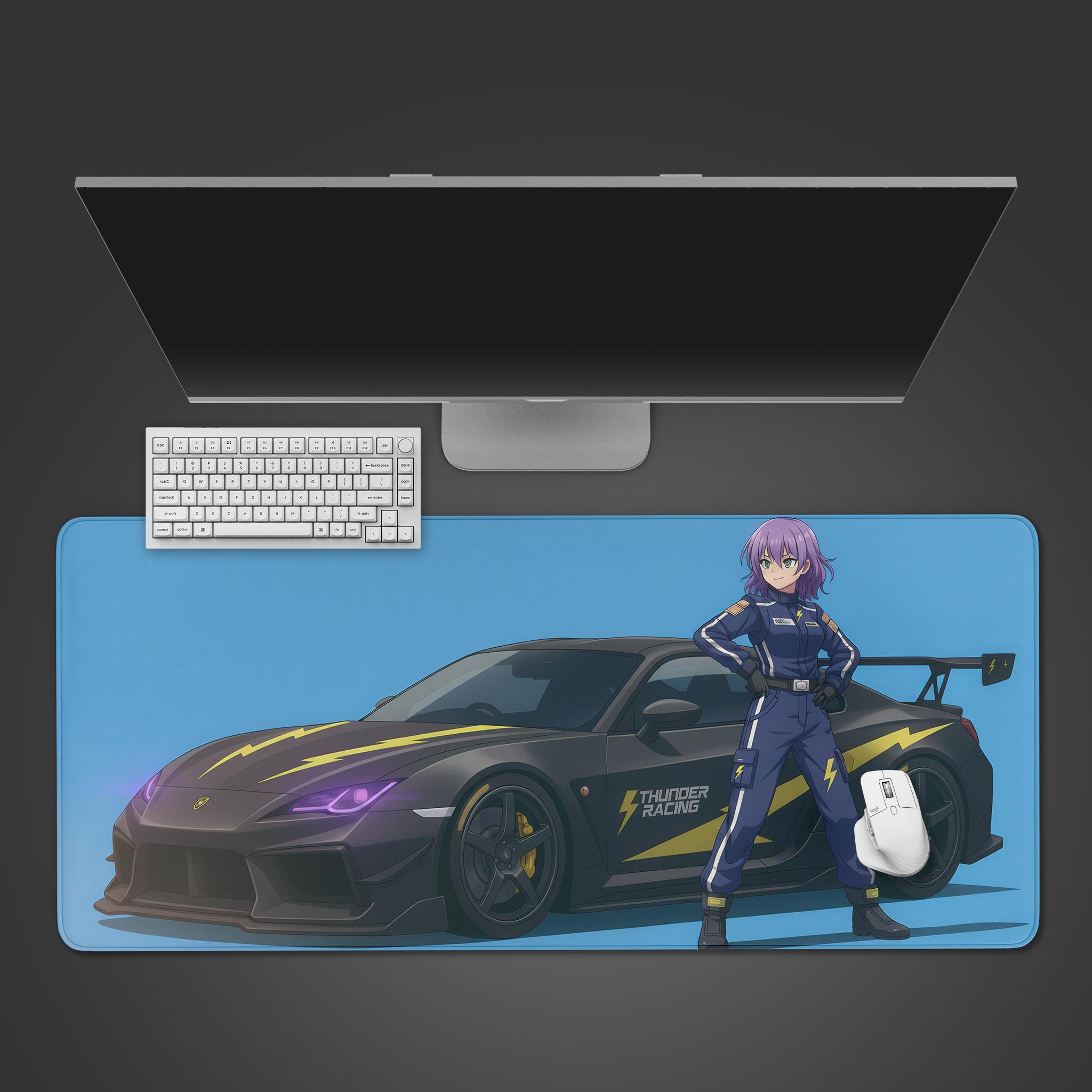 Thunder Racing Blue desk mat with anime racer and sports car design, shown on a desk with a gaming keyboard and mouse. - Epic Design Pads