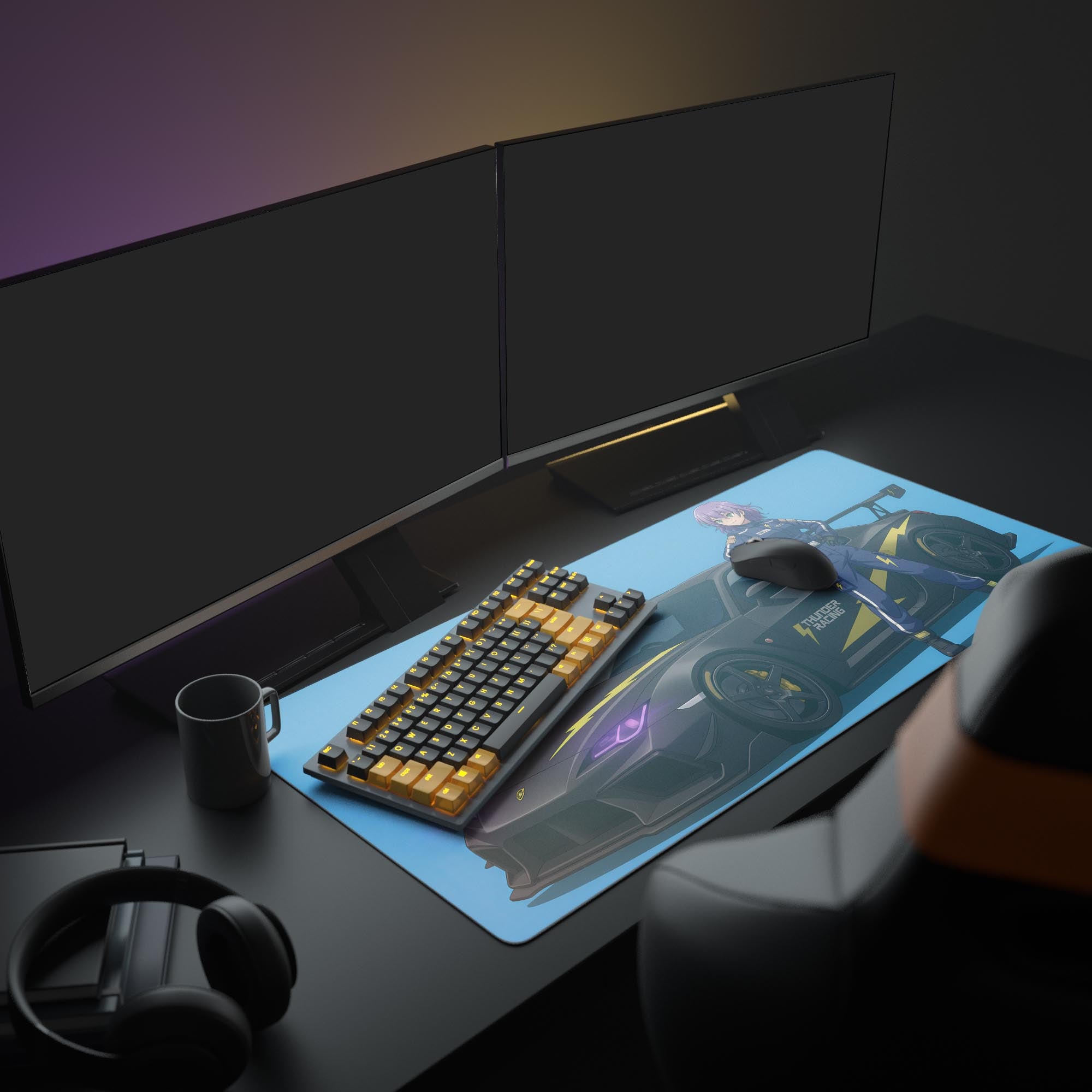 Large Thunder Racing Blue anime desk mat shown in a complete gaming setup with dual monitors, keyboard, and headphones. - Epic Design Pads