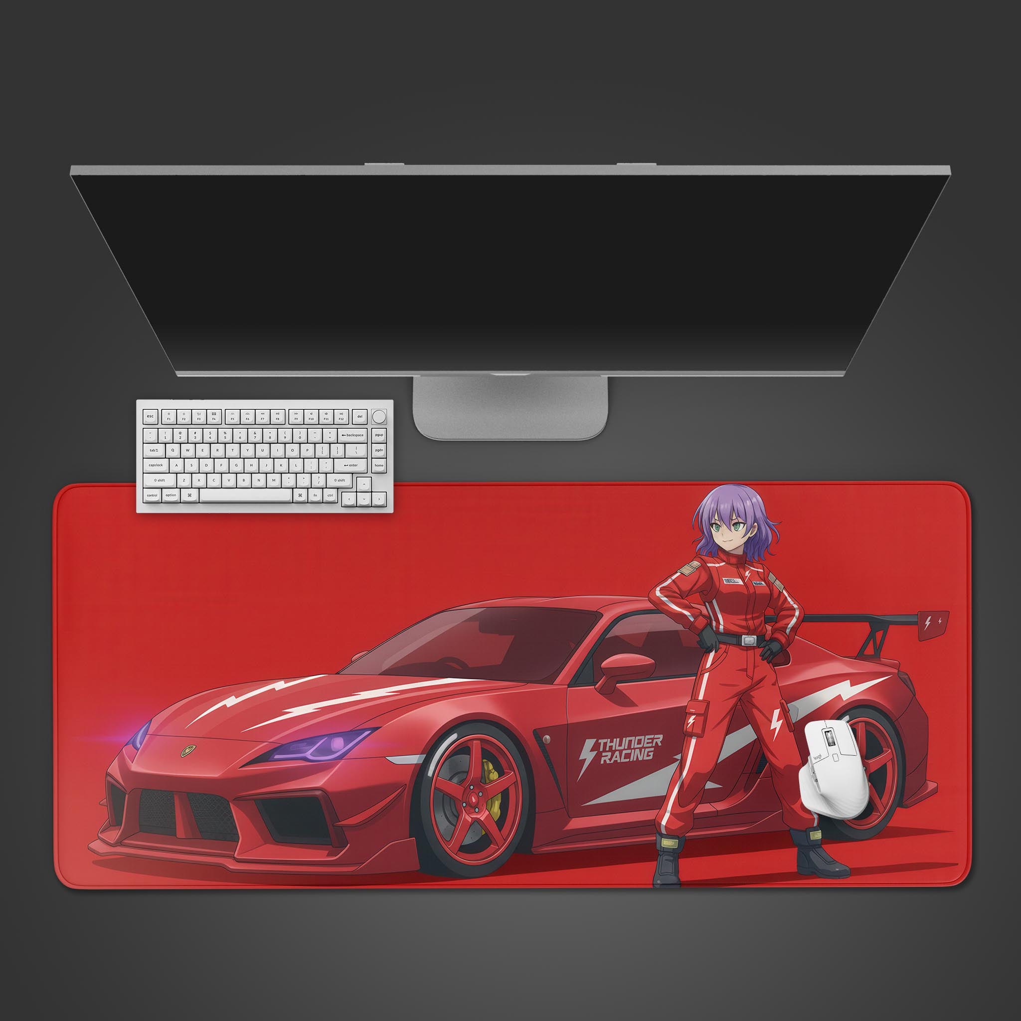 Thunder Racing Red gaming desk mat featuring an anime racer and sports car, shown in a desktop view with a keyboard and mouse. - Epic Design Pads