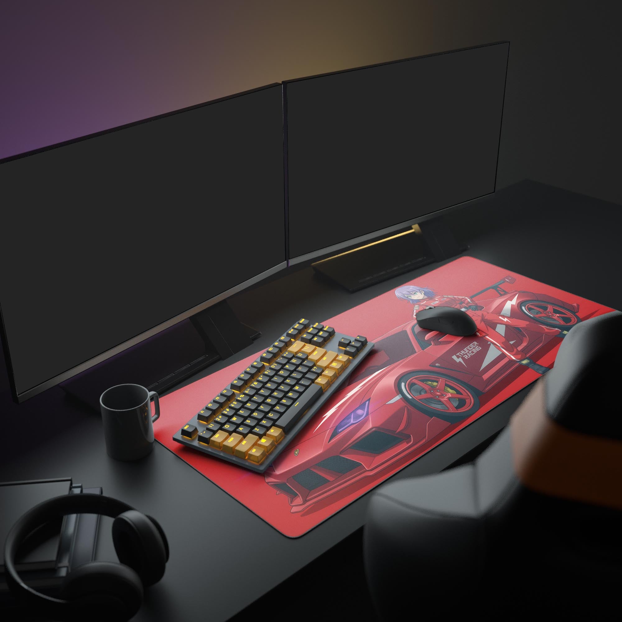 Large Thunder Racing Red gaming desk mat with anime car design, featured in a full gaming setup with dual monitors and mechanical keyboard. - Epic Design Pads